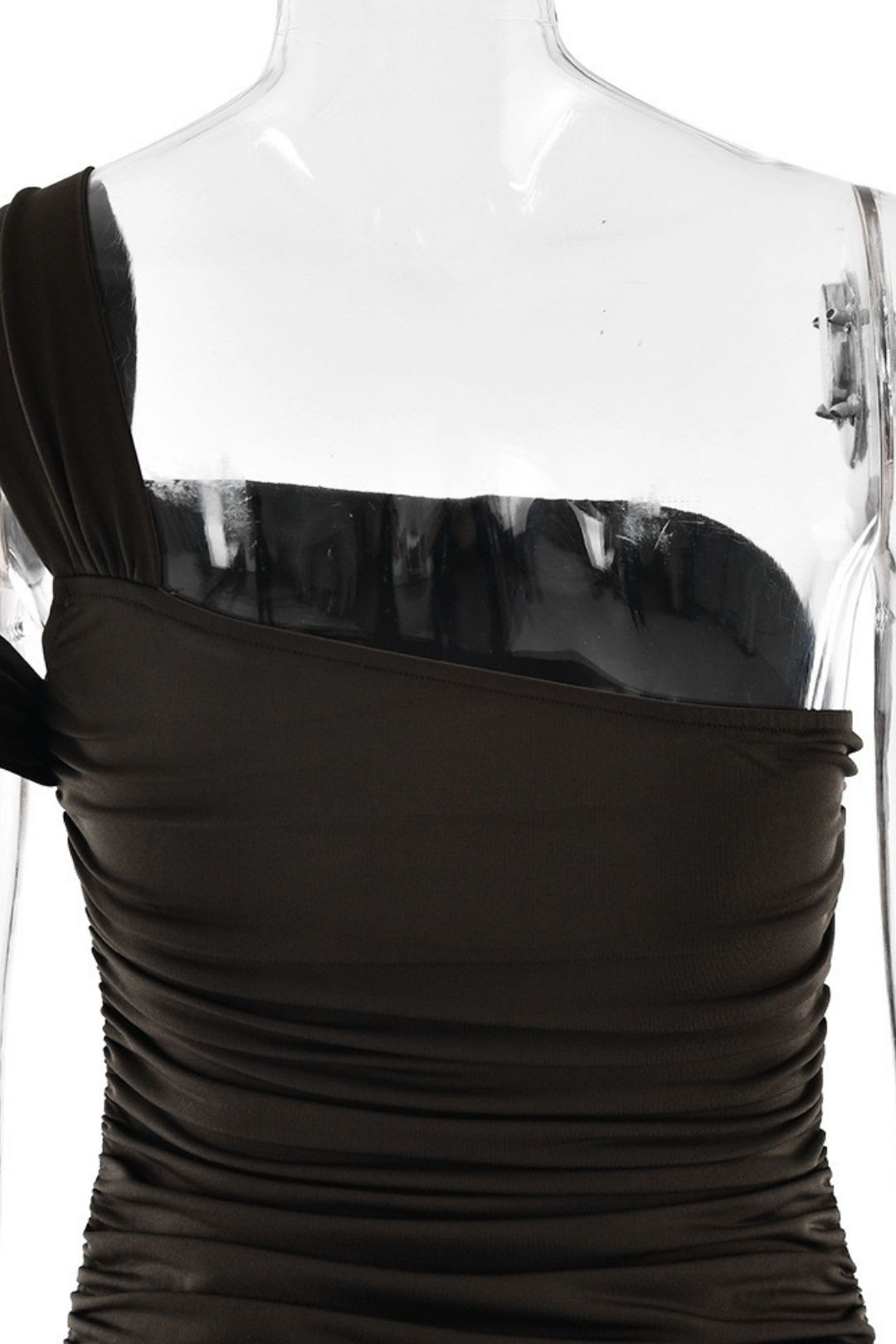 Asymmetrical Shoulder, Ruched Side Slit, And Slim Fit Dress