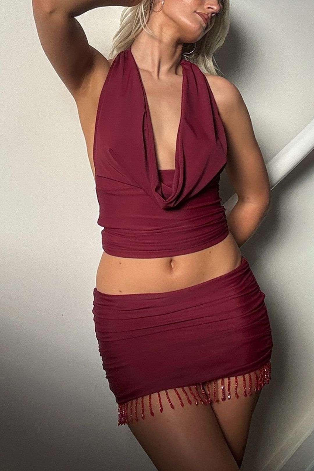 Sexy Waist-Revealing Strappy Top And Hip-Covering Short Skirt Suit