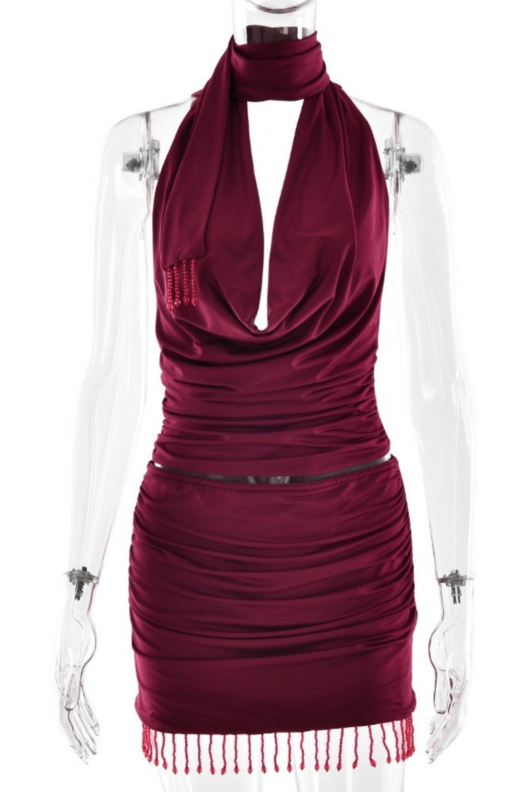 Sexy Waist-Revealing Strappy Top And Hip-Covering Short Skirt Suit