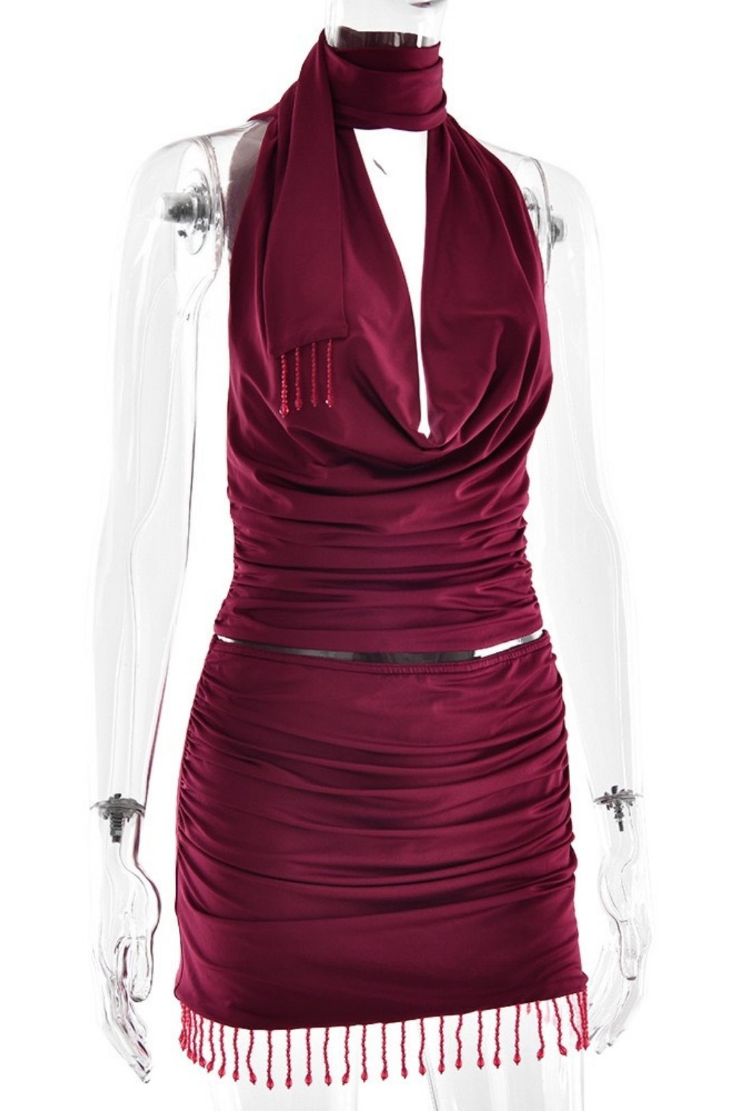 Sexy Waist-Revealing Strappy Top And Hip-Covering Short Skirt Suit