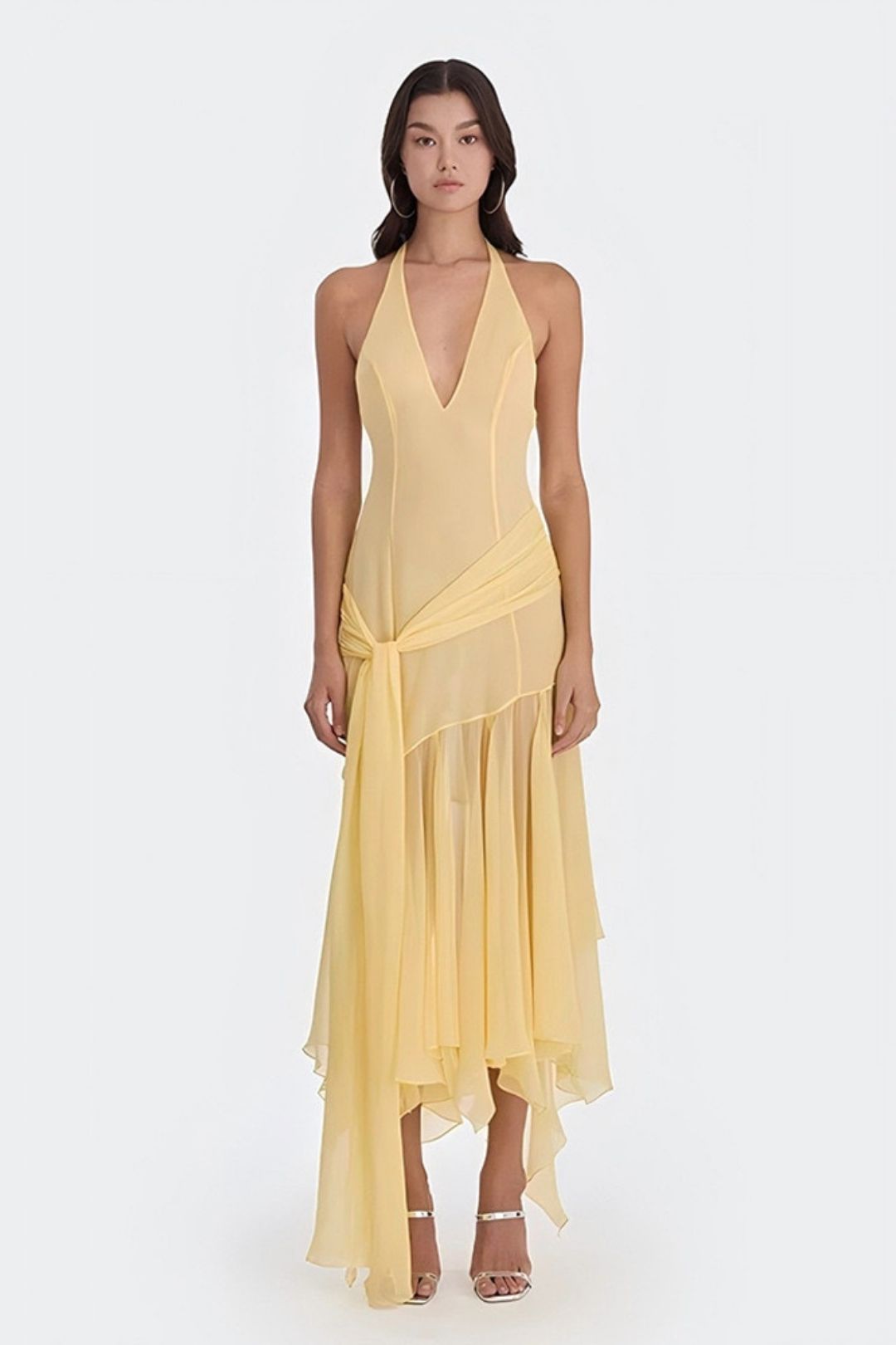 Halterneck Chiffon See-Through Dress Sexy Sexy Deep V Ribbon Long Skirt