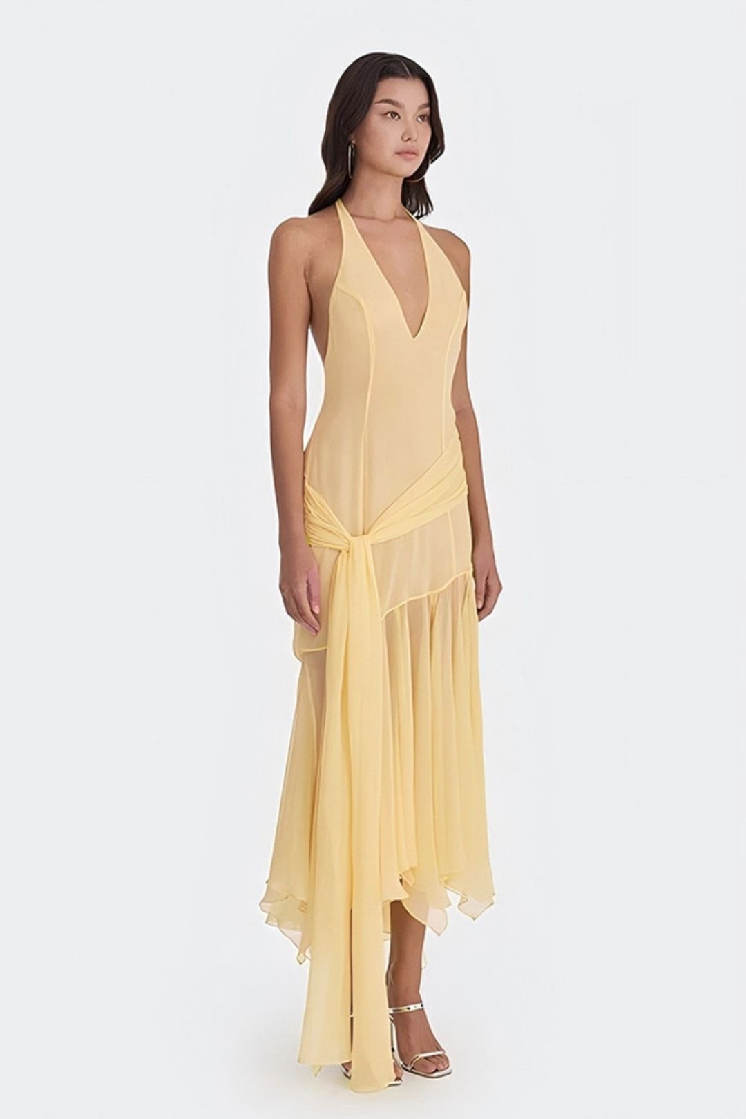 Halterneck Chiffon See-Through Dress Sexy Sexy Deep V Ribbon Long Skirt