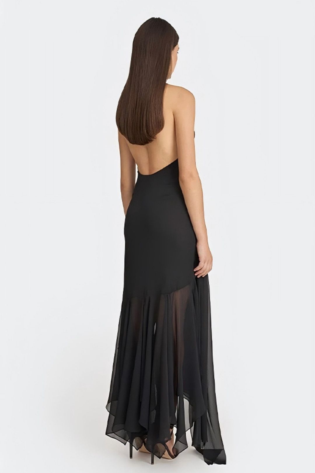 Halterneck Chiffon See-Through Dress Sexy Sexy Deep V Ribbon Long Skirt