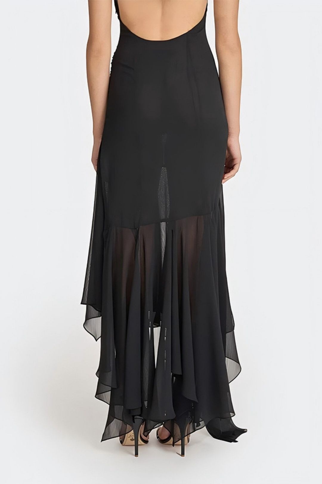 Halterneck Chiffon See-Through Dress Sexy Sexy Deep V Ribbon Long Skirt