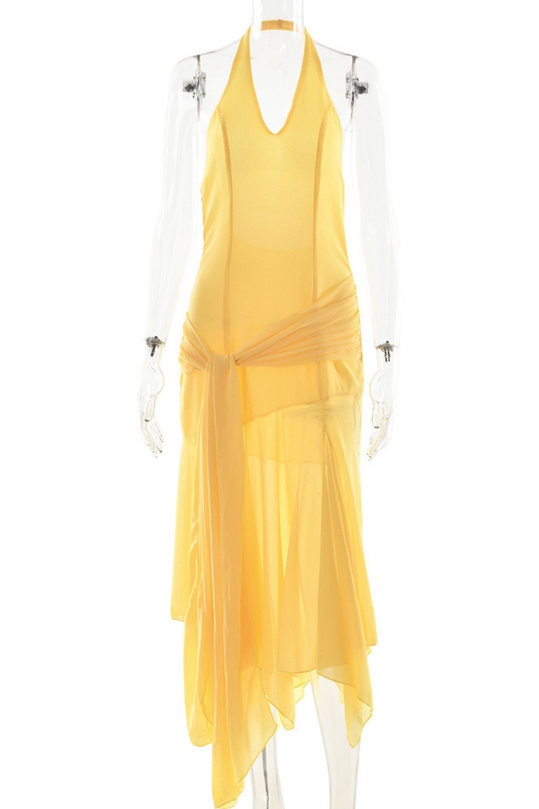 Halterneck Chiffon See-Through Dress Sexy Sexy Deep V Ribbon Long Skirt