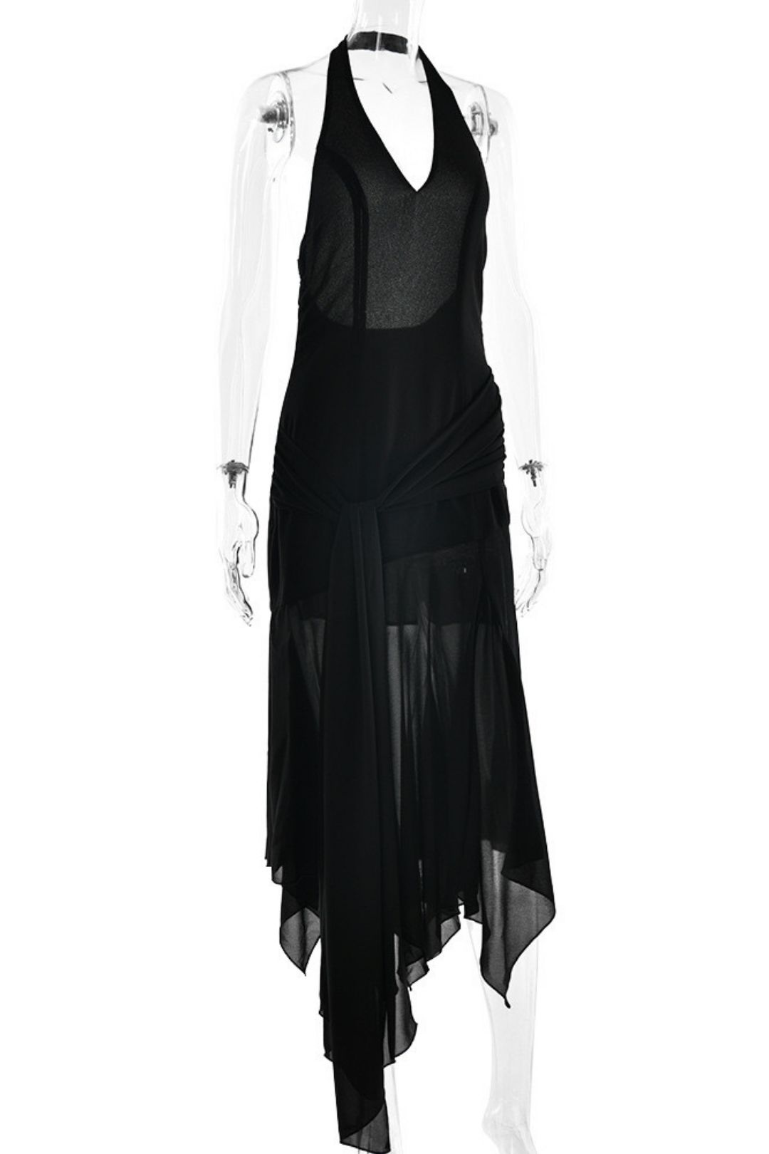 Halterneck Chiffon See-Through Dress Sexy Sexy Deep V Ribbon Long Skirt