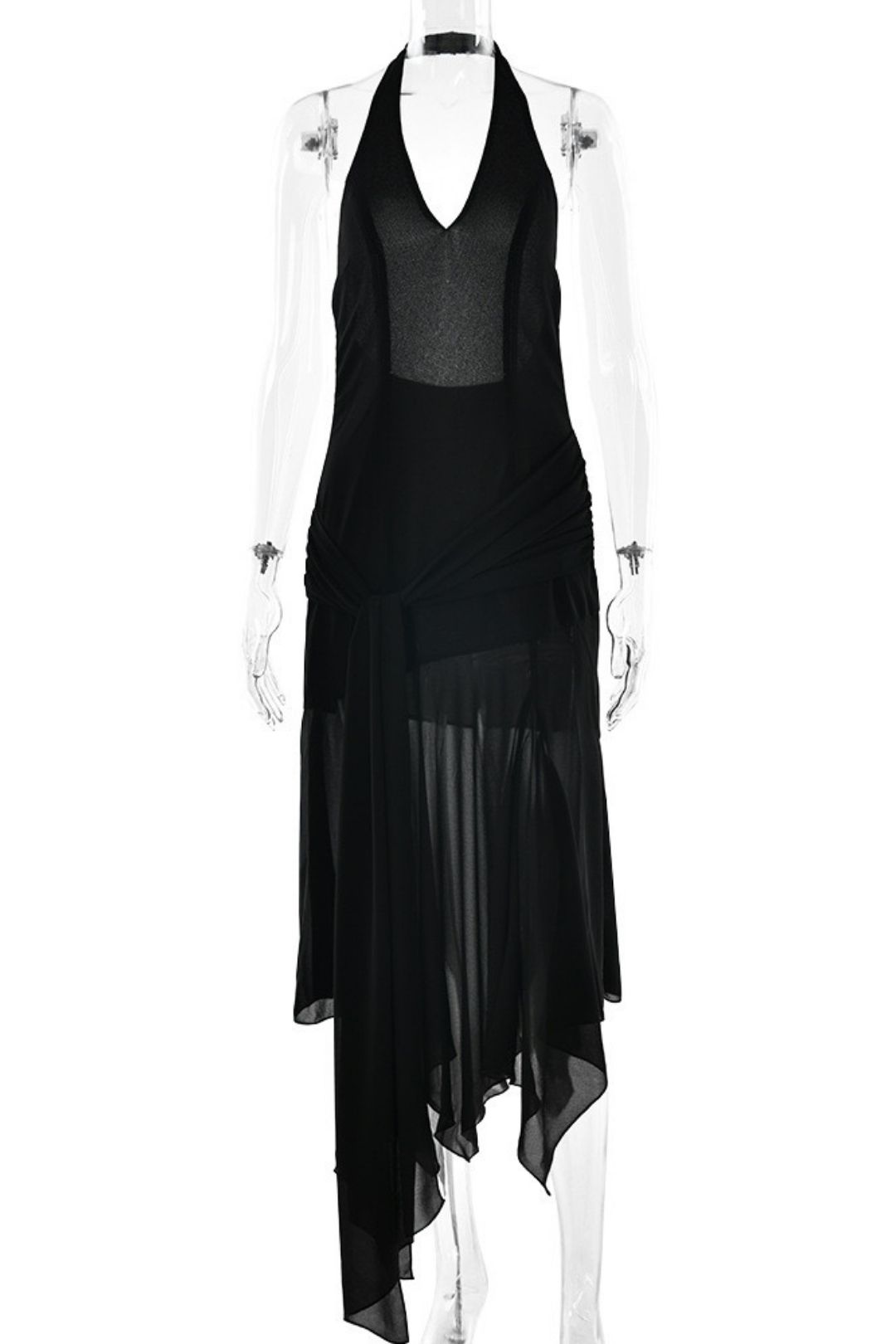 Halterneck Chiffon See-Through Dress Sexy Sexy Deep V Ribbon Long Skirt