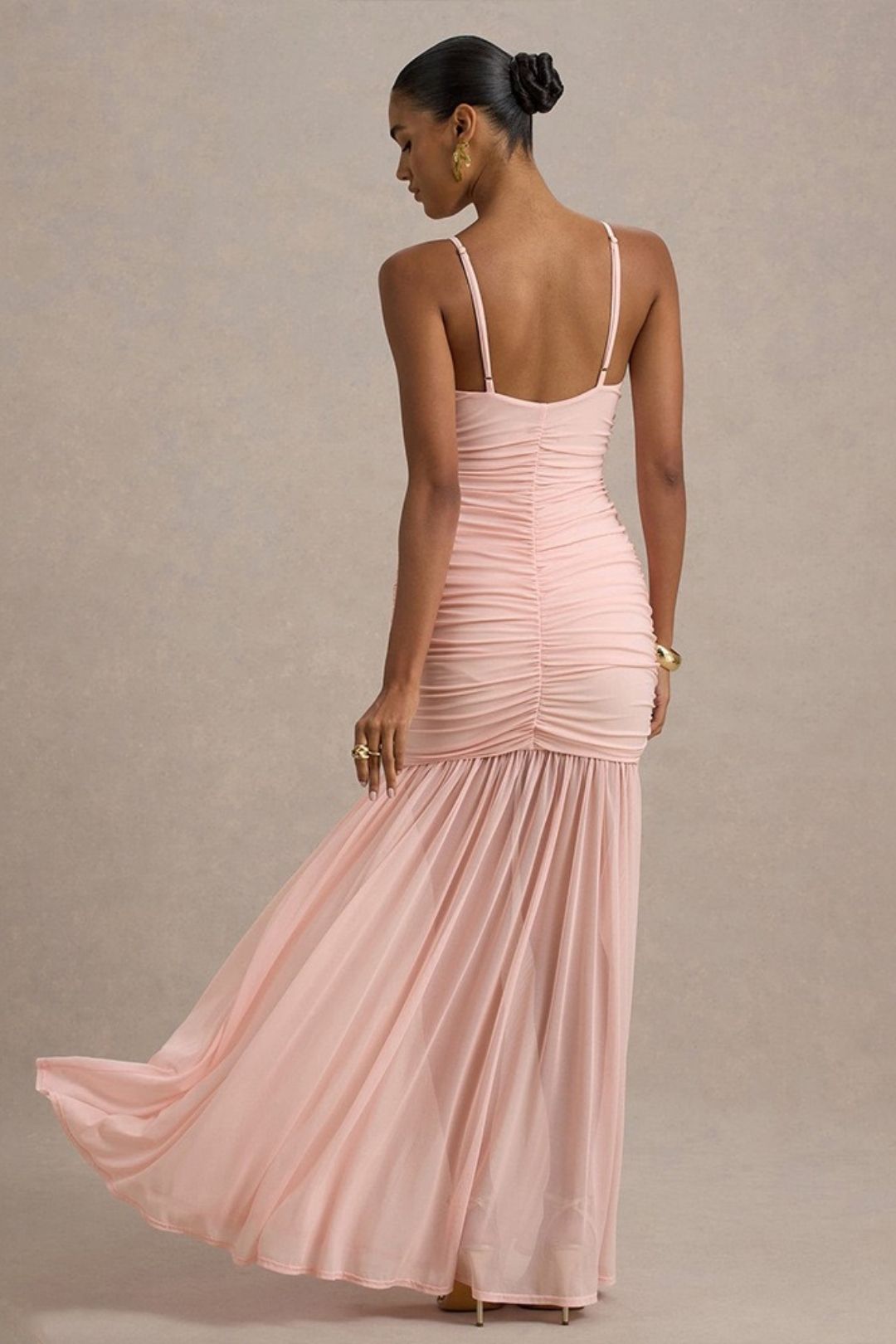 Elegant Suspender Mesh Dress Sexy Deep V Pleated Stitching Backless Dress