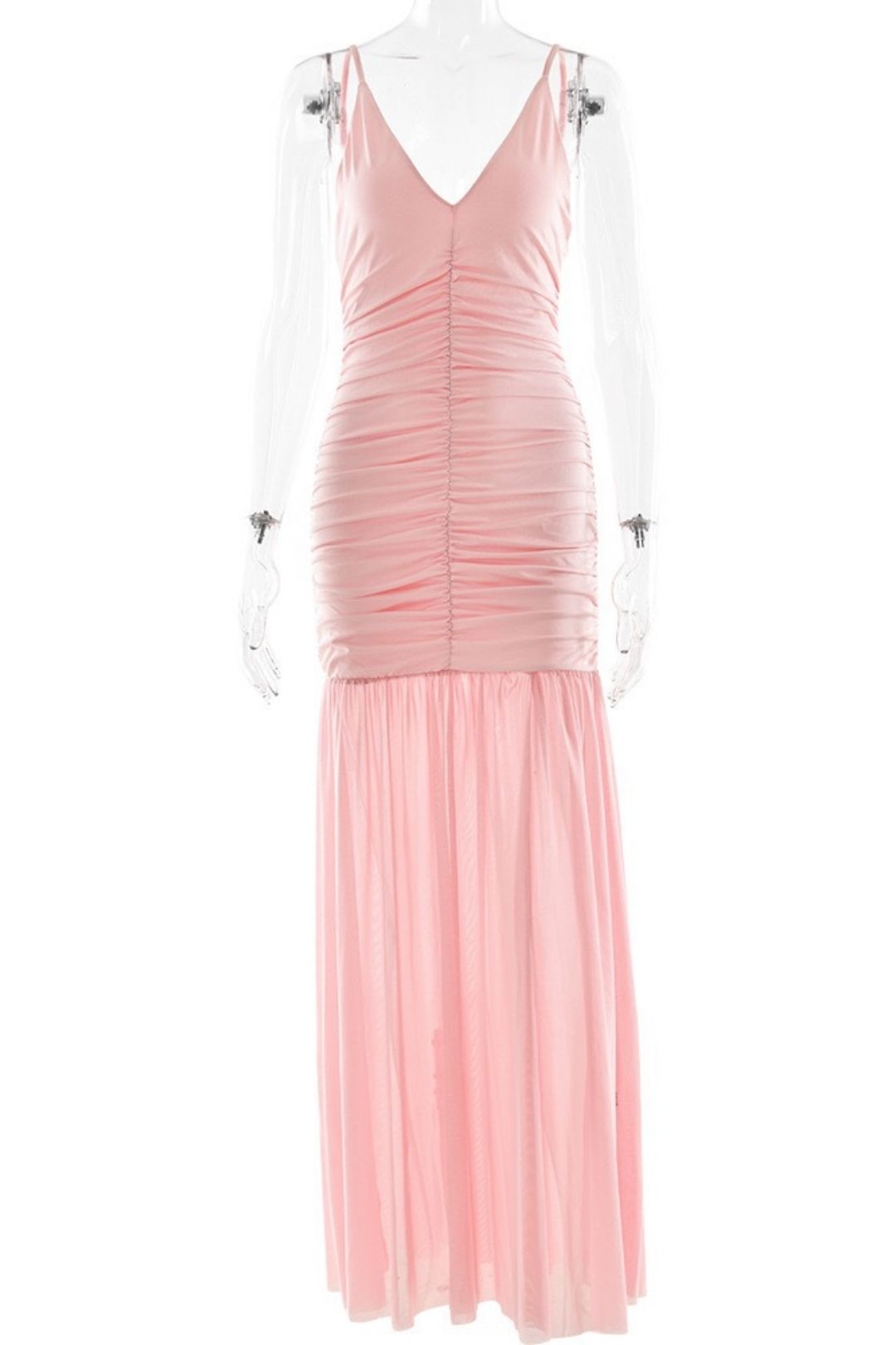 Elegant Suspender Mesh Dress Sexy Deep V Pleated Stitching Backless Dress