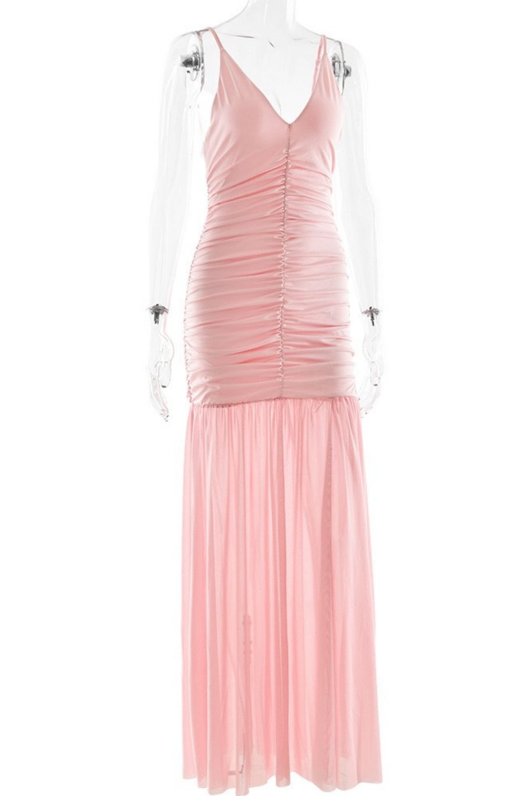 Elegant Suspender Mesh Dress Sexy Deep V Pleated Stitching Backless Dress