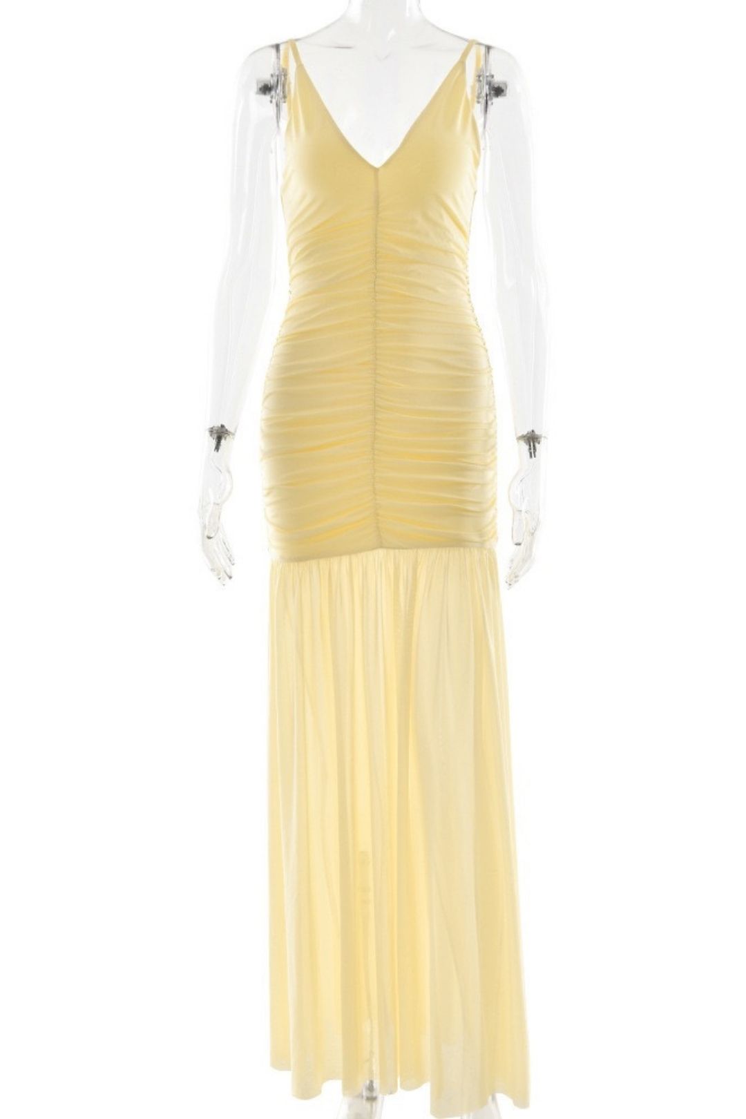 Elegant Suspender Mesh Dress Sexy Deep V Pleated Stitching Backless Dress