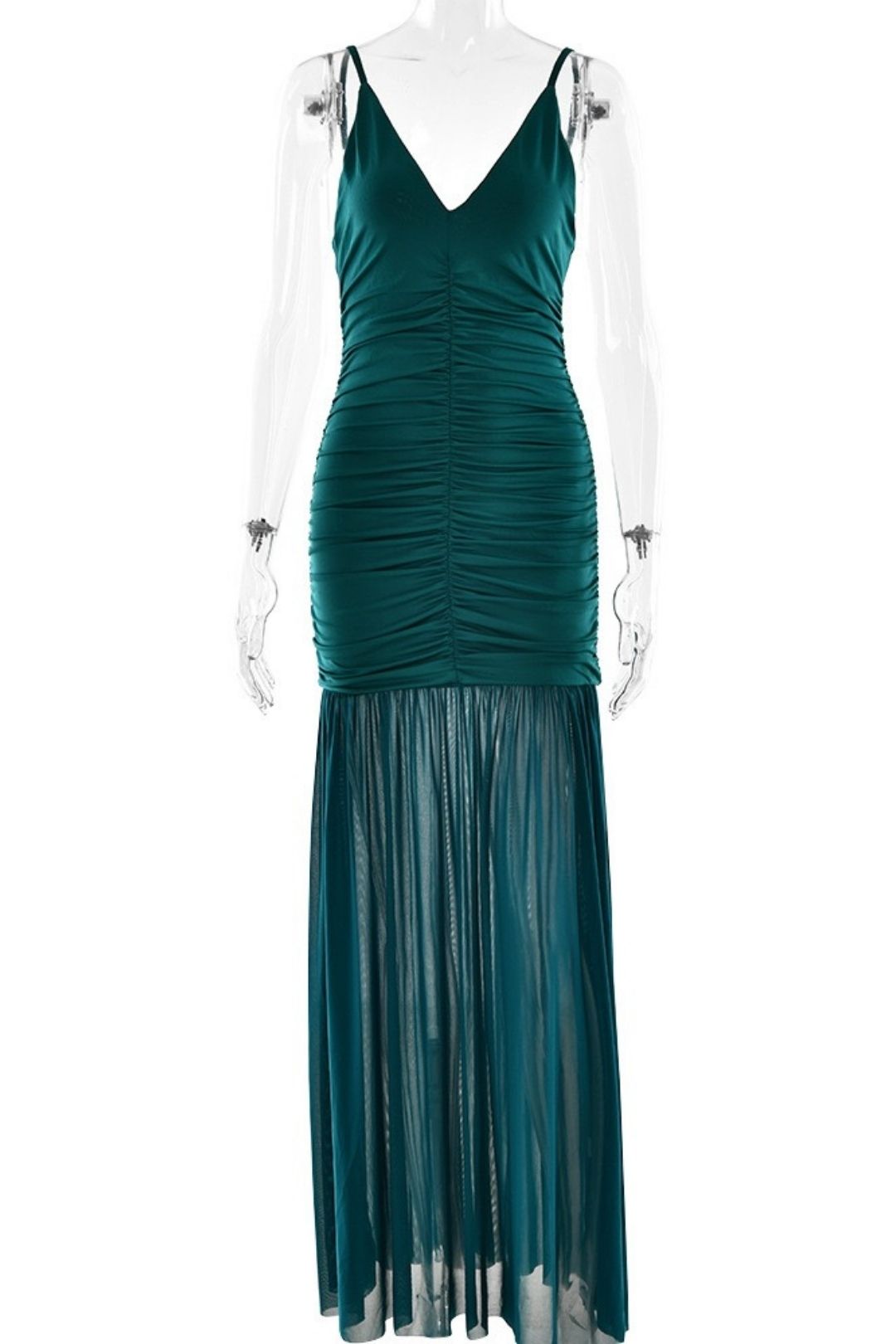 Elegant Suspender Mesh Dress Sexy Deep V Pleated Stitching Backless Dress