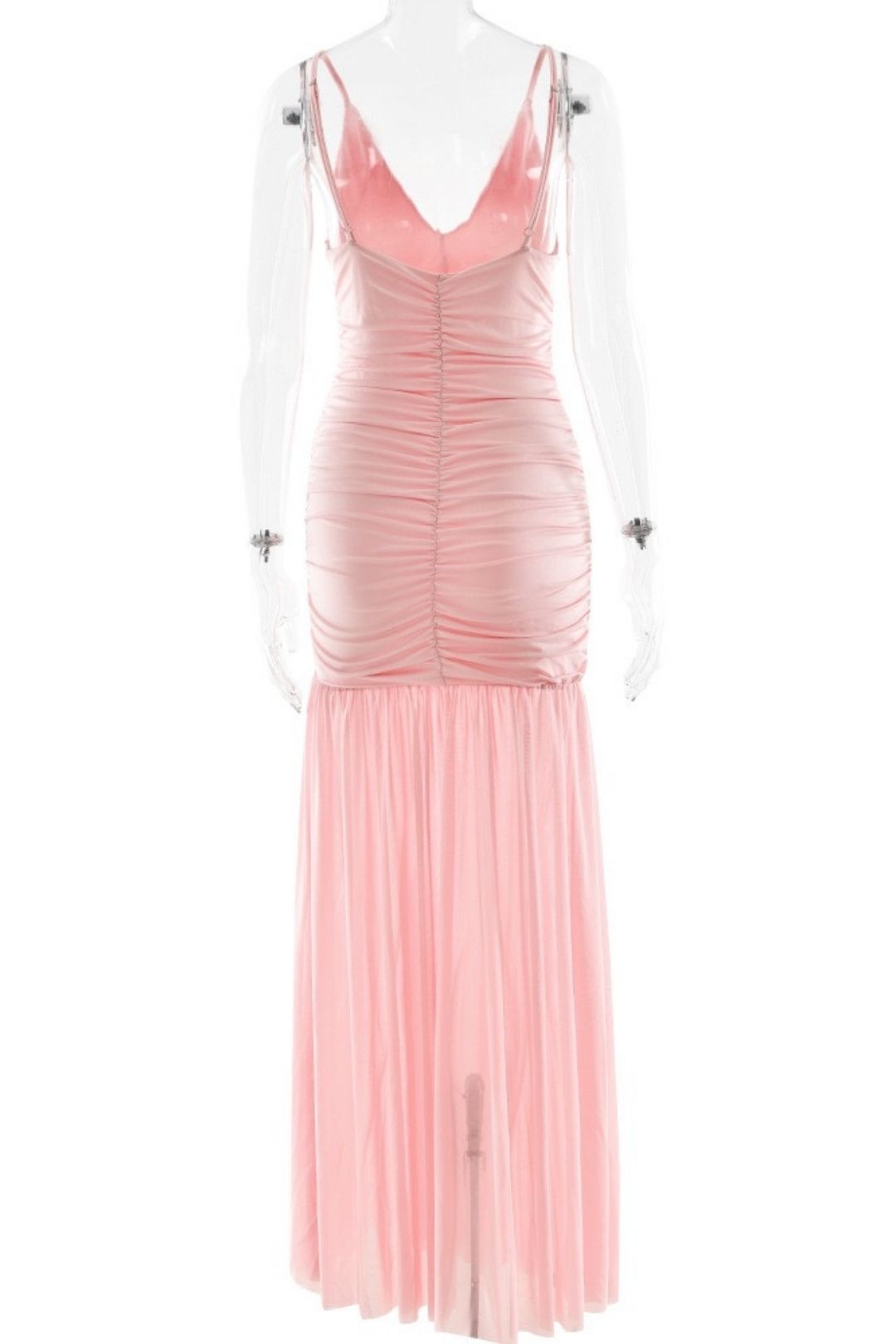 Elegant Suspender Mesh Dress Sexy Deep V Pleated Stitching Backless Dress