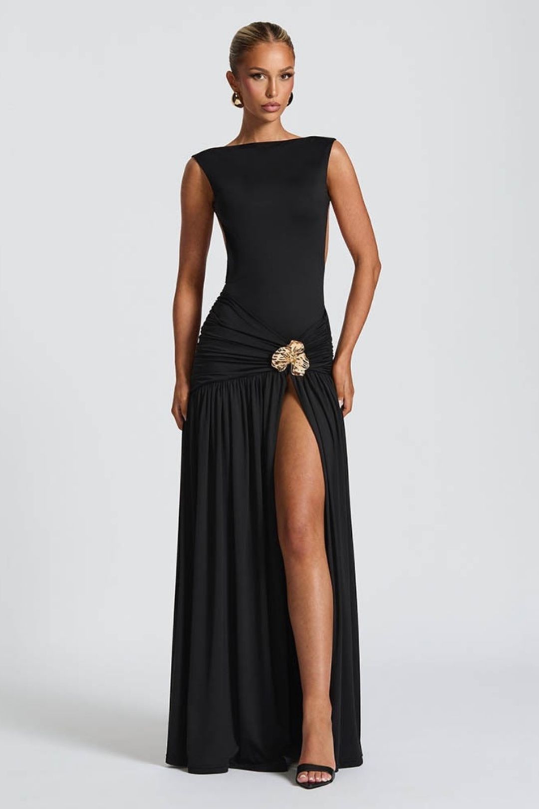 Summer Sleeveless Backless Slit Pleated Waist Long Dress