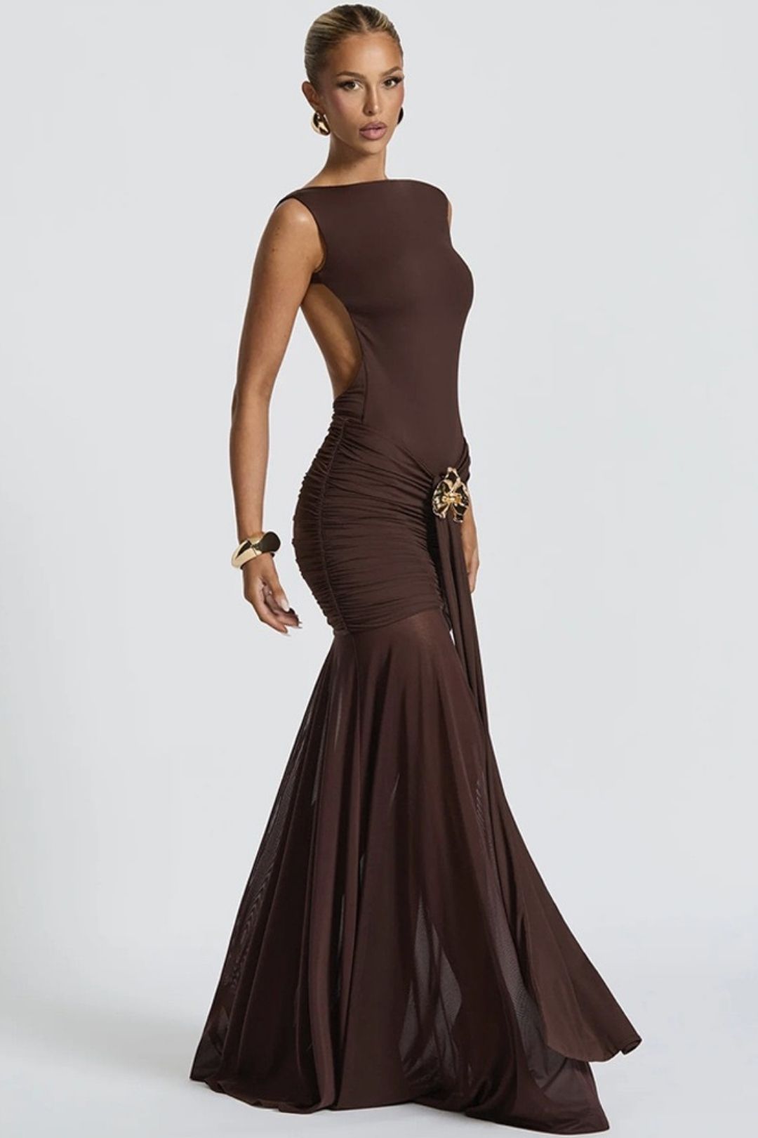Summer Sleeveless Backless Slit Pleated Waist Long Dress