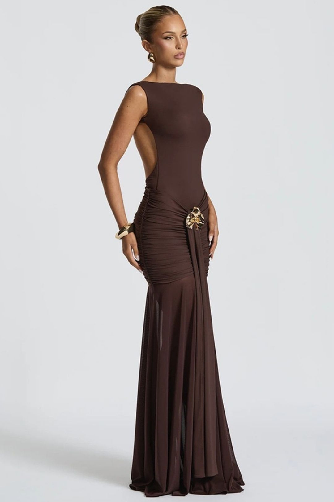 Summer Sleeveless Backless Slit Pleated Waist Long Dress