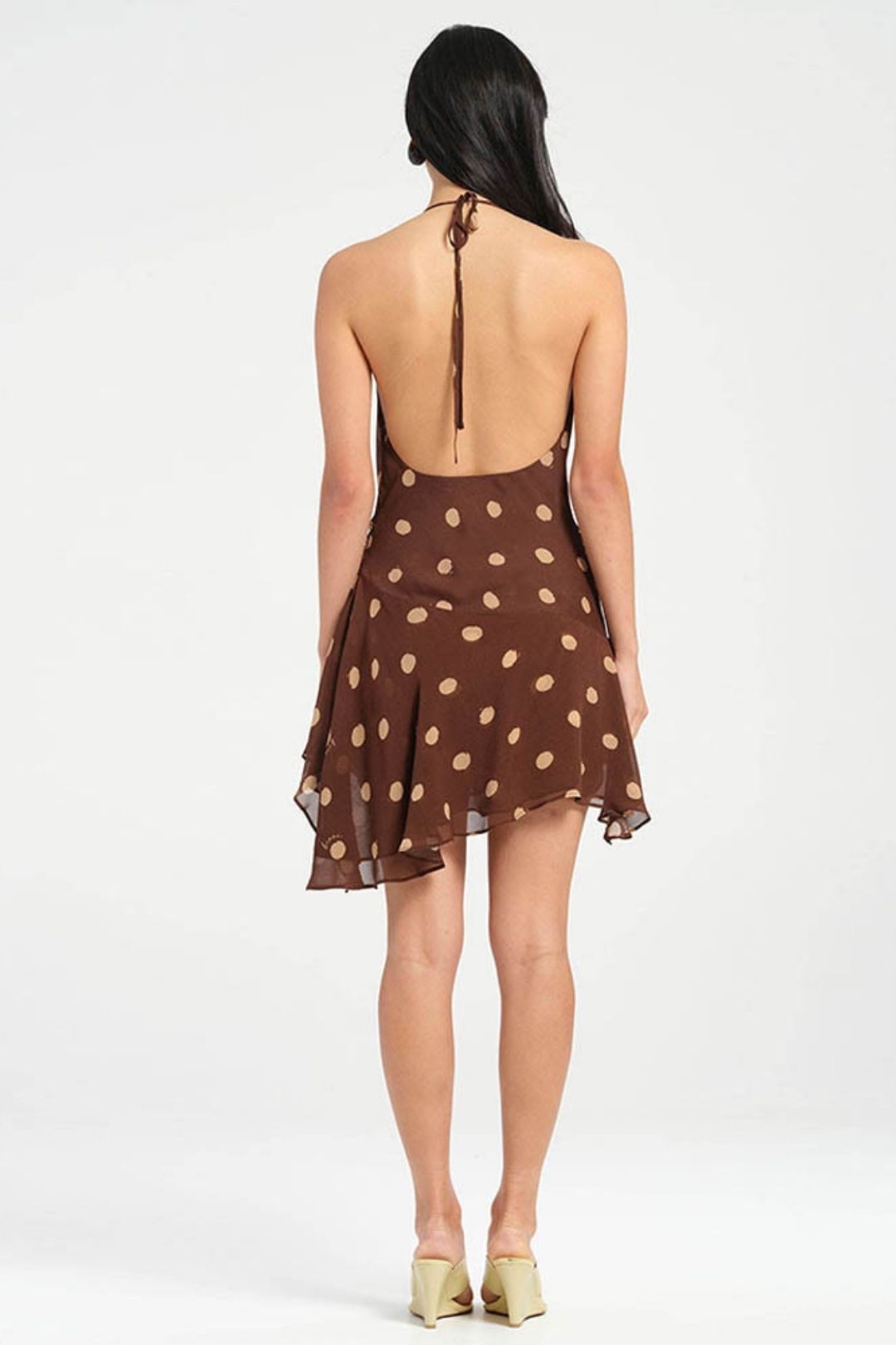 Polar Dot Chiffon Dress Sexy Neck Deep V Split Backless Dress