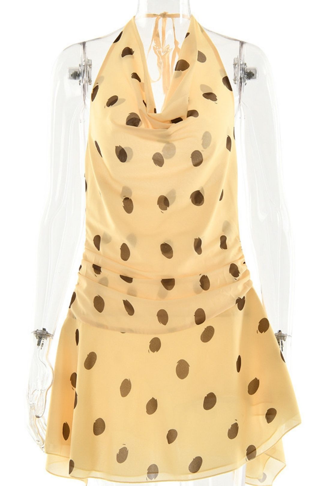 Polar Dot Chiffon Dress Sexy Neck Deep V Split Backless Dress