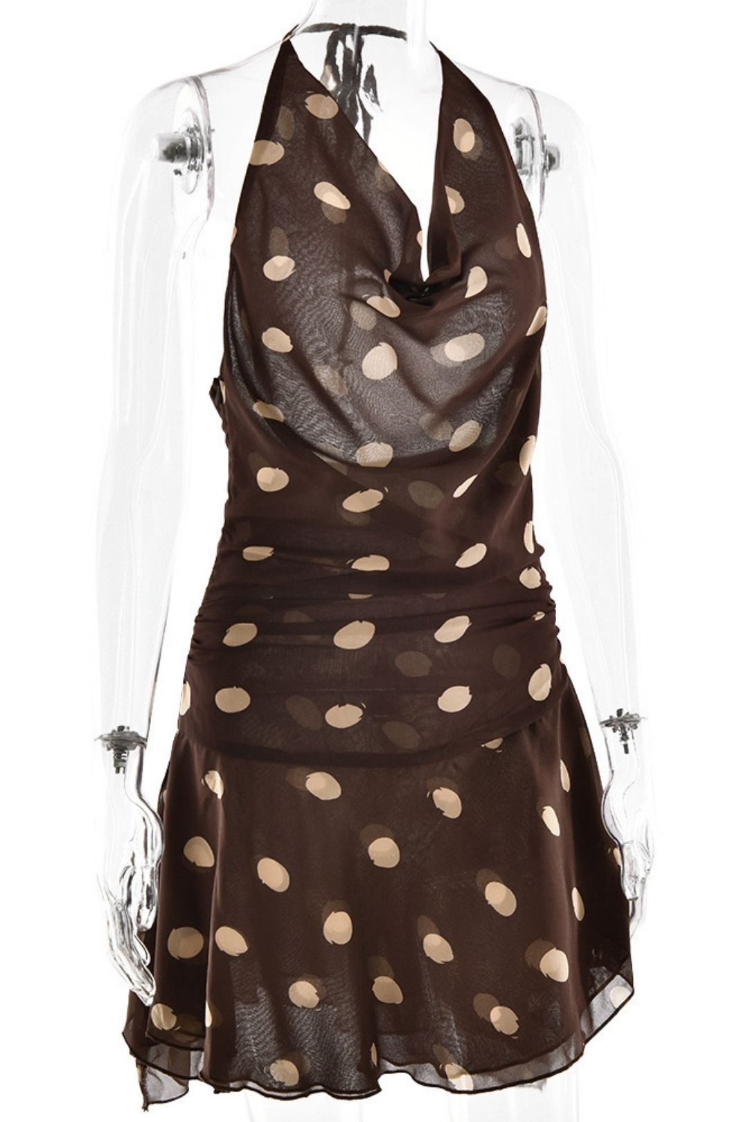 Polar Dot Chiffon Dress Sexy Neck Deep V Split Backless Dress