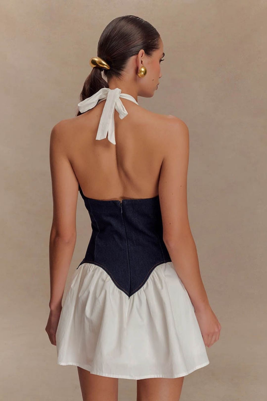 Stitching A- Line Skirt Sexy Deep V Collar Neck Waist Dress