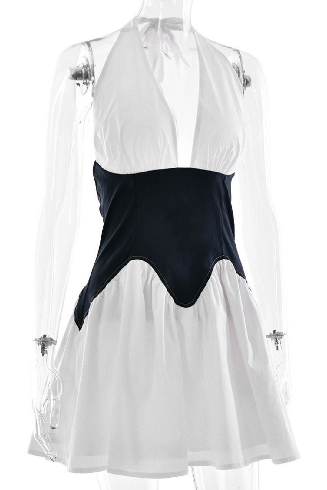 Stitching A- Line Skirt Sexy Deep V Collar Neck Waist Dress