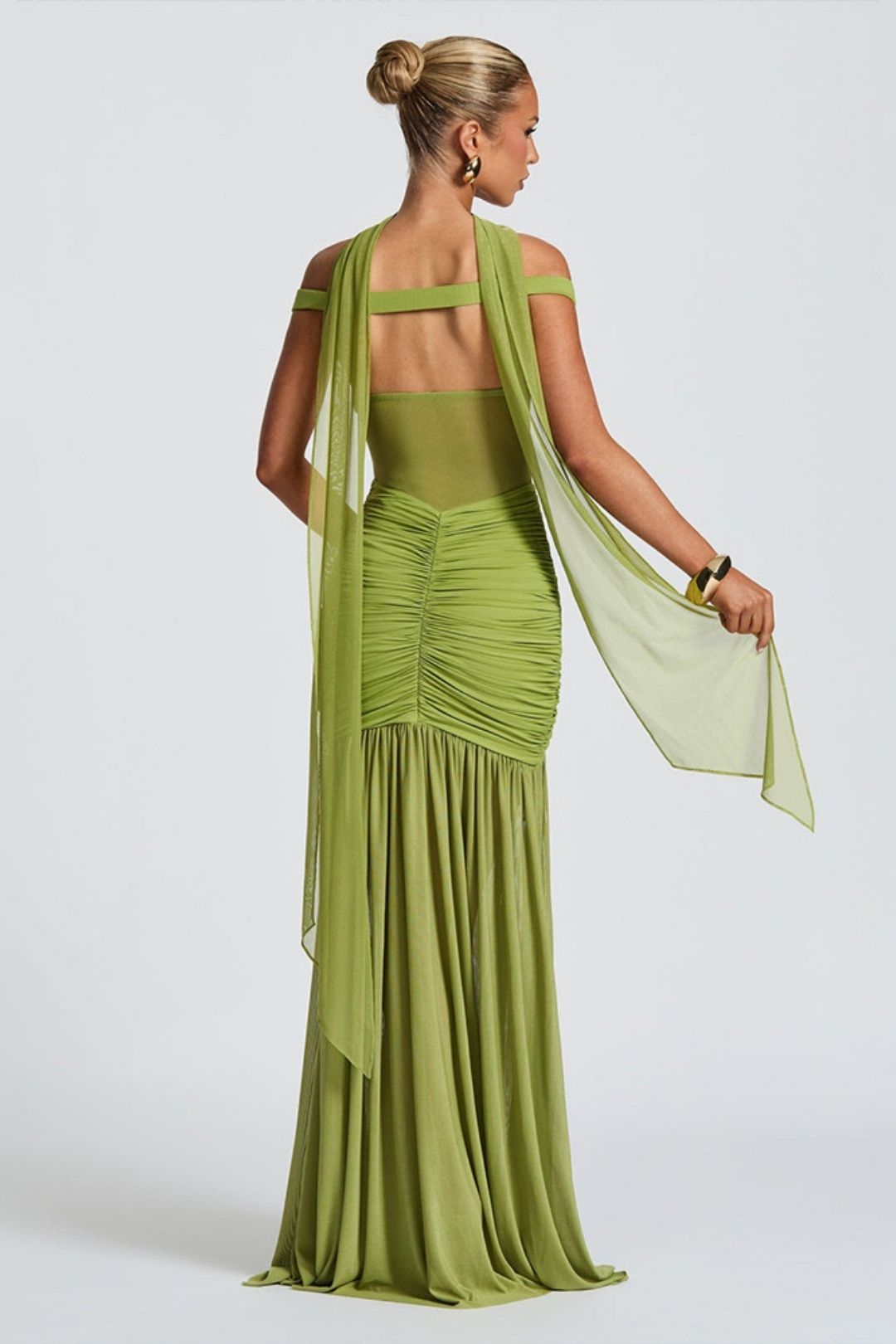 Sexy Backless Dress Mesh Pleated Slit Long Dress