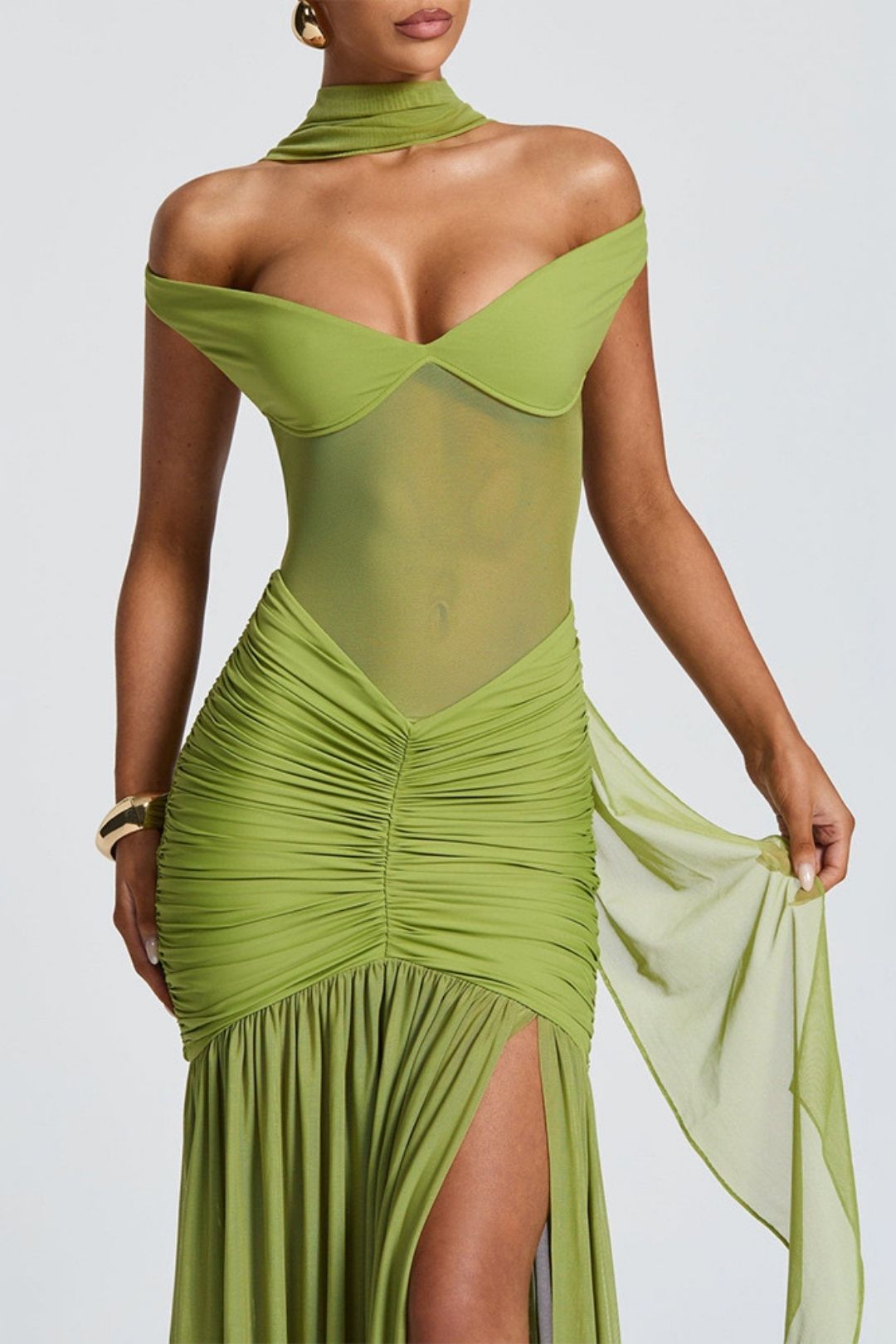 Sexy Backless Dress Mesh Pleated Slit Long Dress