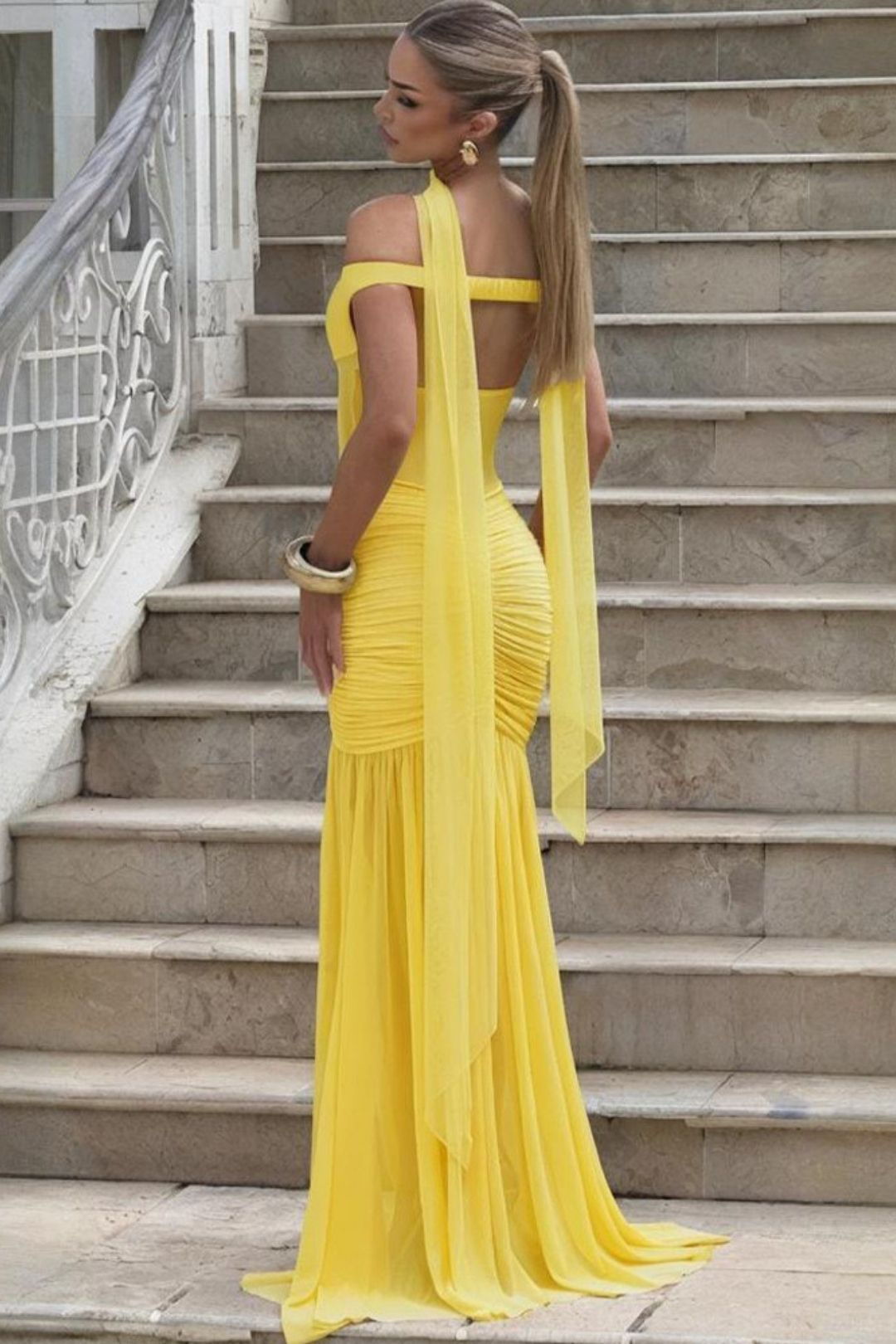 Sexy Backless Dress Mesh Pleated Slit Long Dress