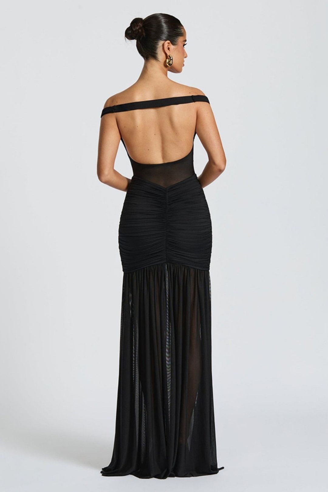 Sexy Backless Dress Mesh Pleated Slit Long Dress