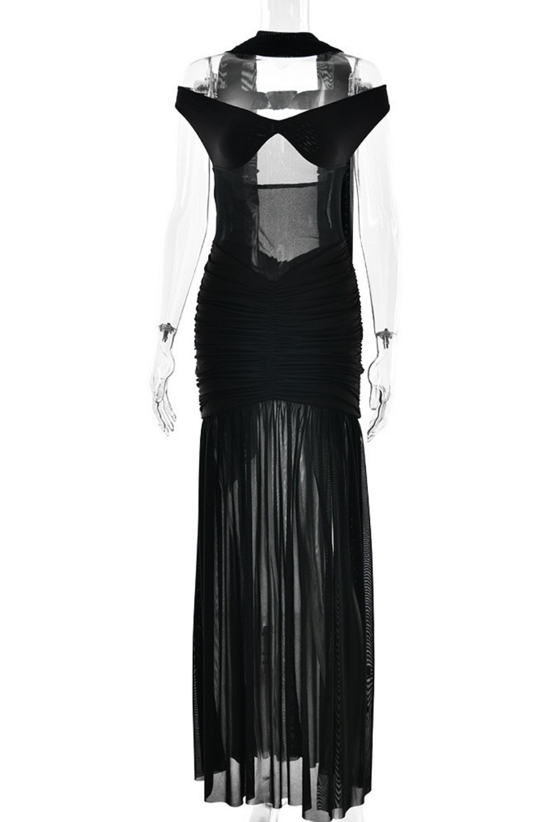 Sexy Backless Dress Mesh Pleated Slit Long Dress