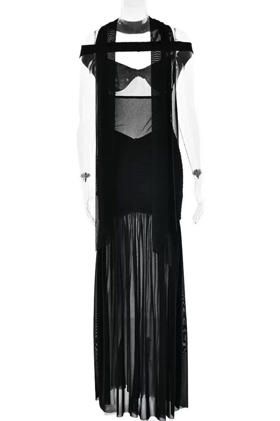 Sexy Backless Dress Mesh Pleated Slit Long Dress