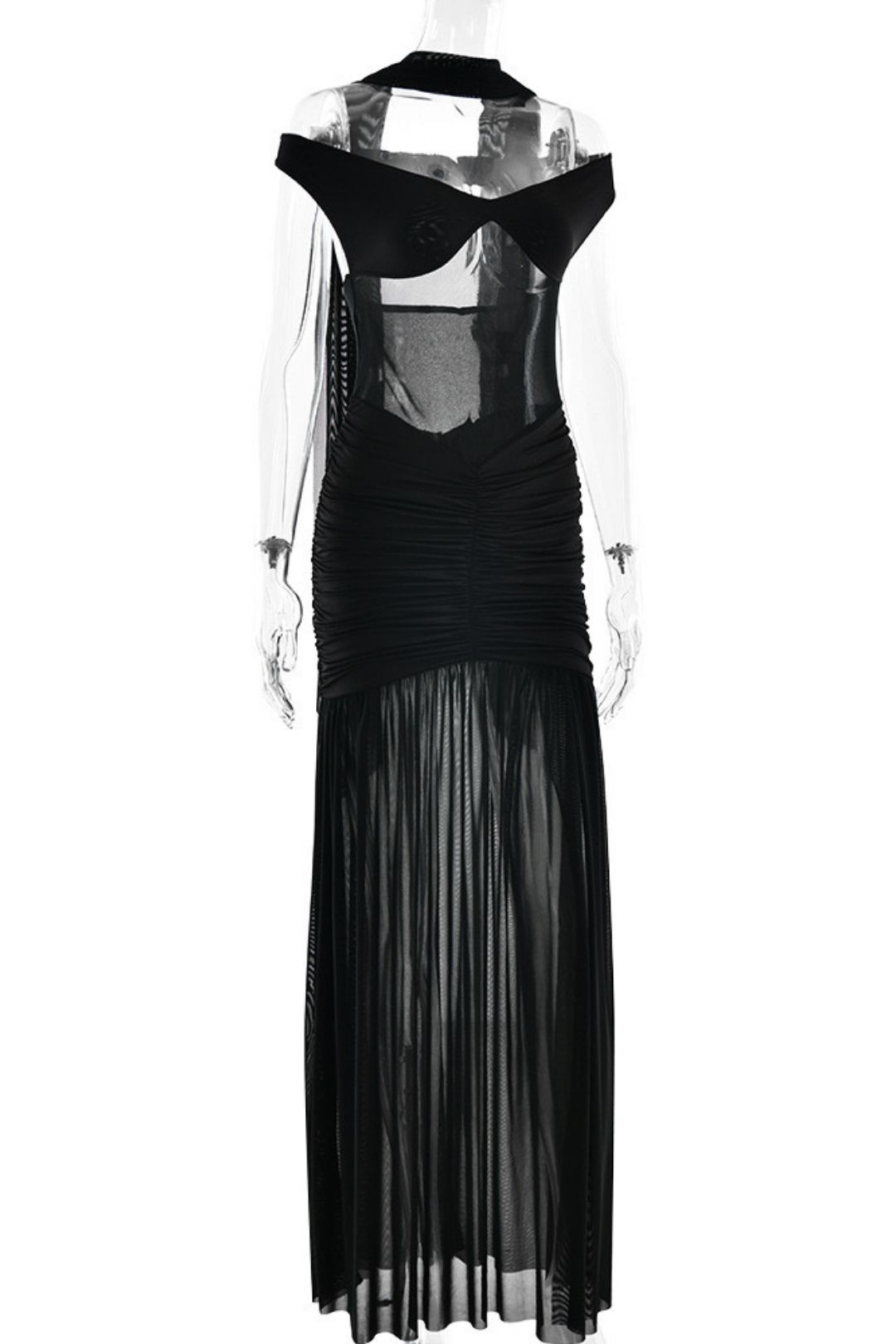 Sexy Backless Dress Mesh Pleated Slit Long Dress