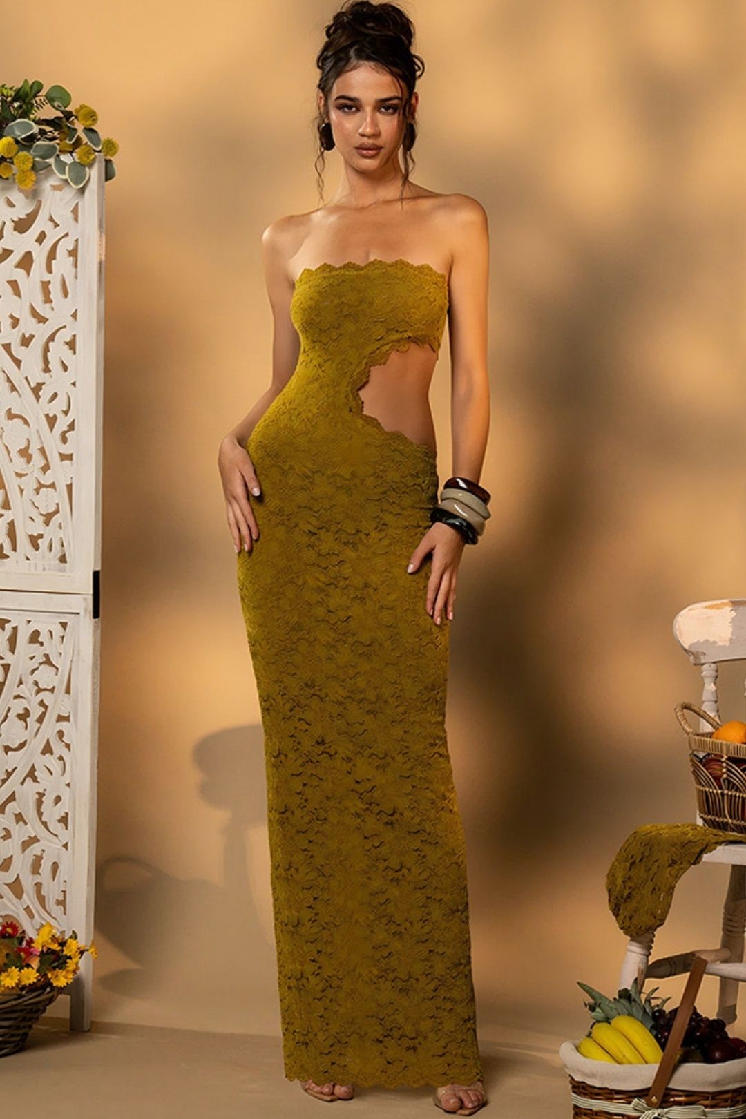 Sexy Lace Hollow Out Slit Women's Strapless Dress