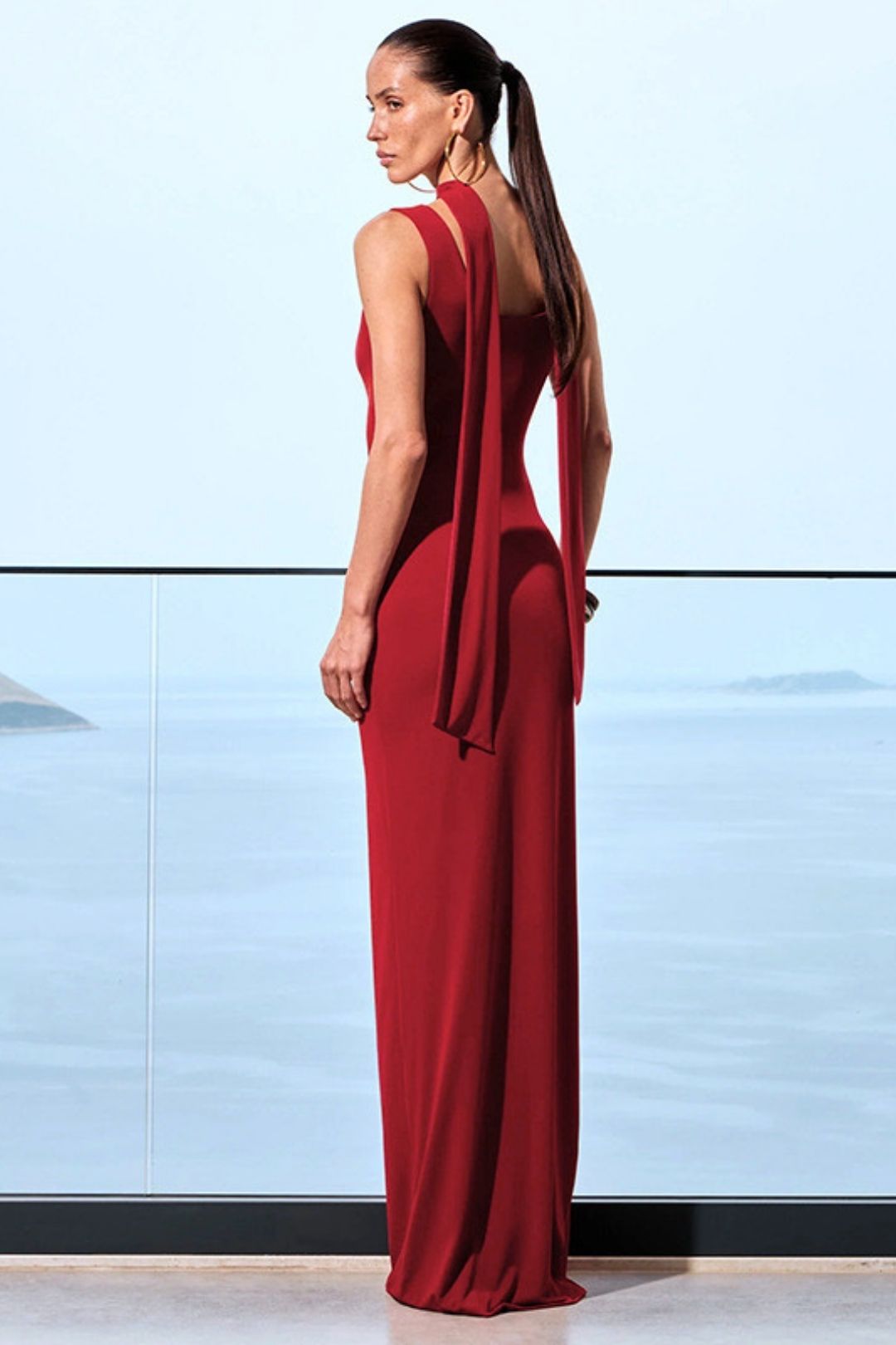 Summer Pure Color U-Neck Ribbon Cut Out Metal Ring Backless Dress