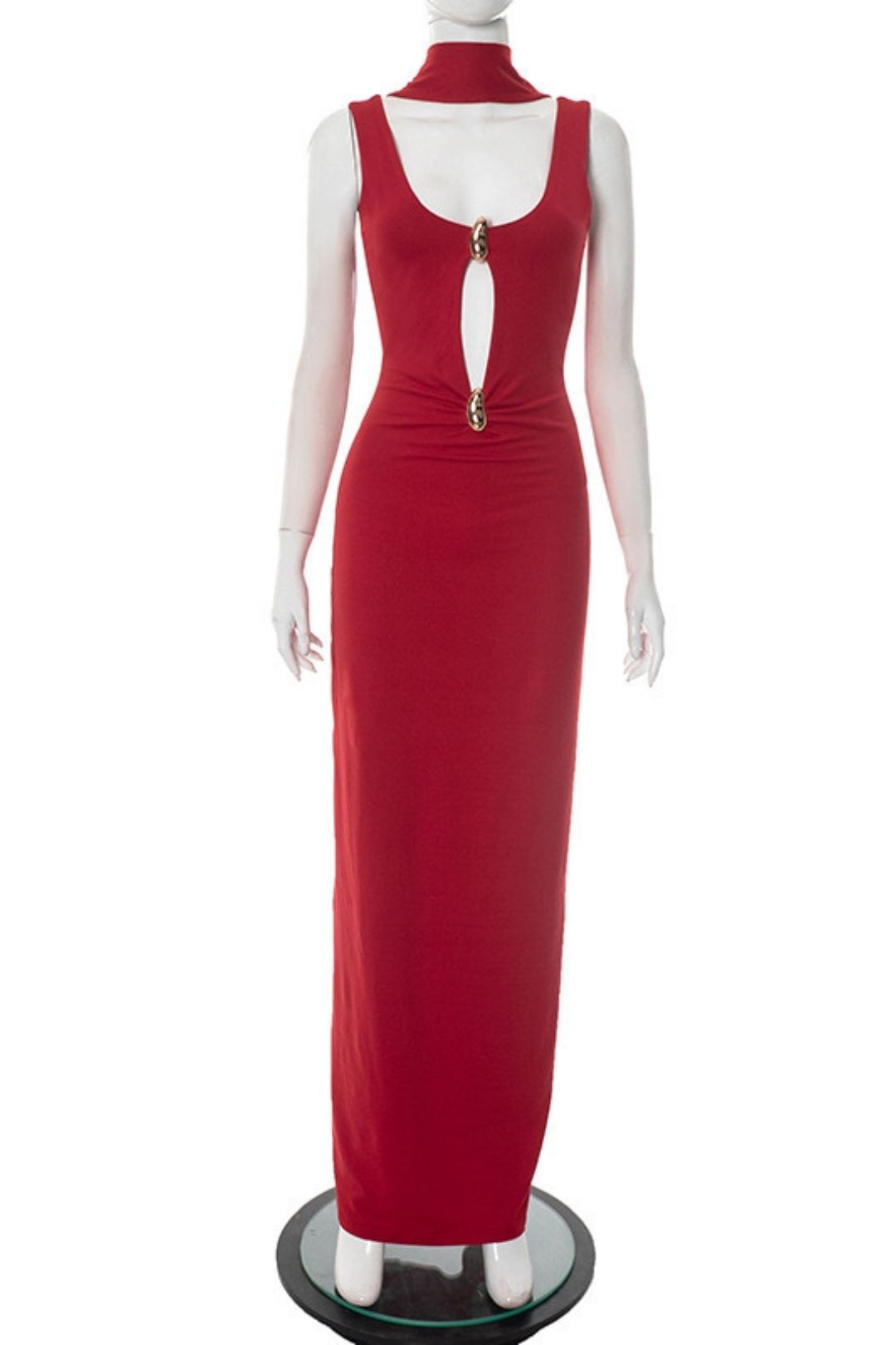 Summer Pure Color U-Neck Ribbon Cut Out Metal Ring Backless Dress