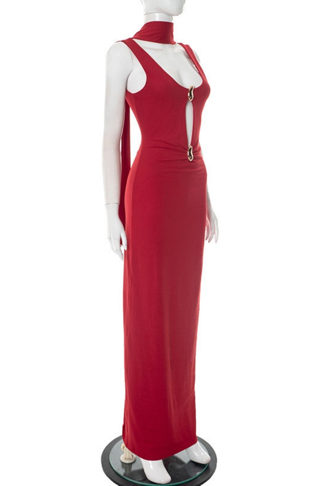 Summer Pure Color U-Neck Ribbon Cut Out Metal Ring Backless Dress