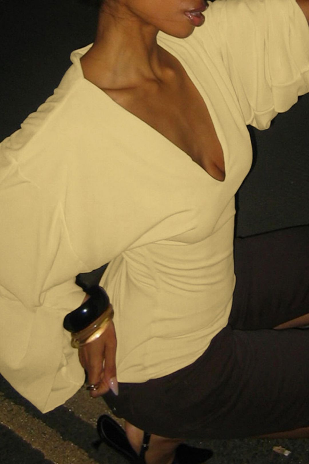 Solid  Color V Neck Horn Long-Sleeved Slim T-Shirt Tops