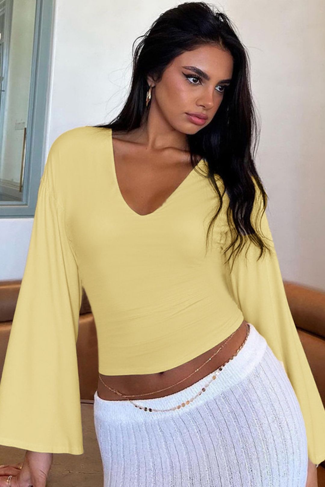 Solid  Color V Neck Horn Long-Sleeved Slim T-Shirt Tops