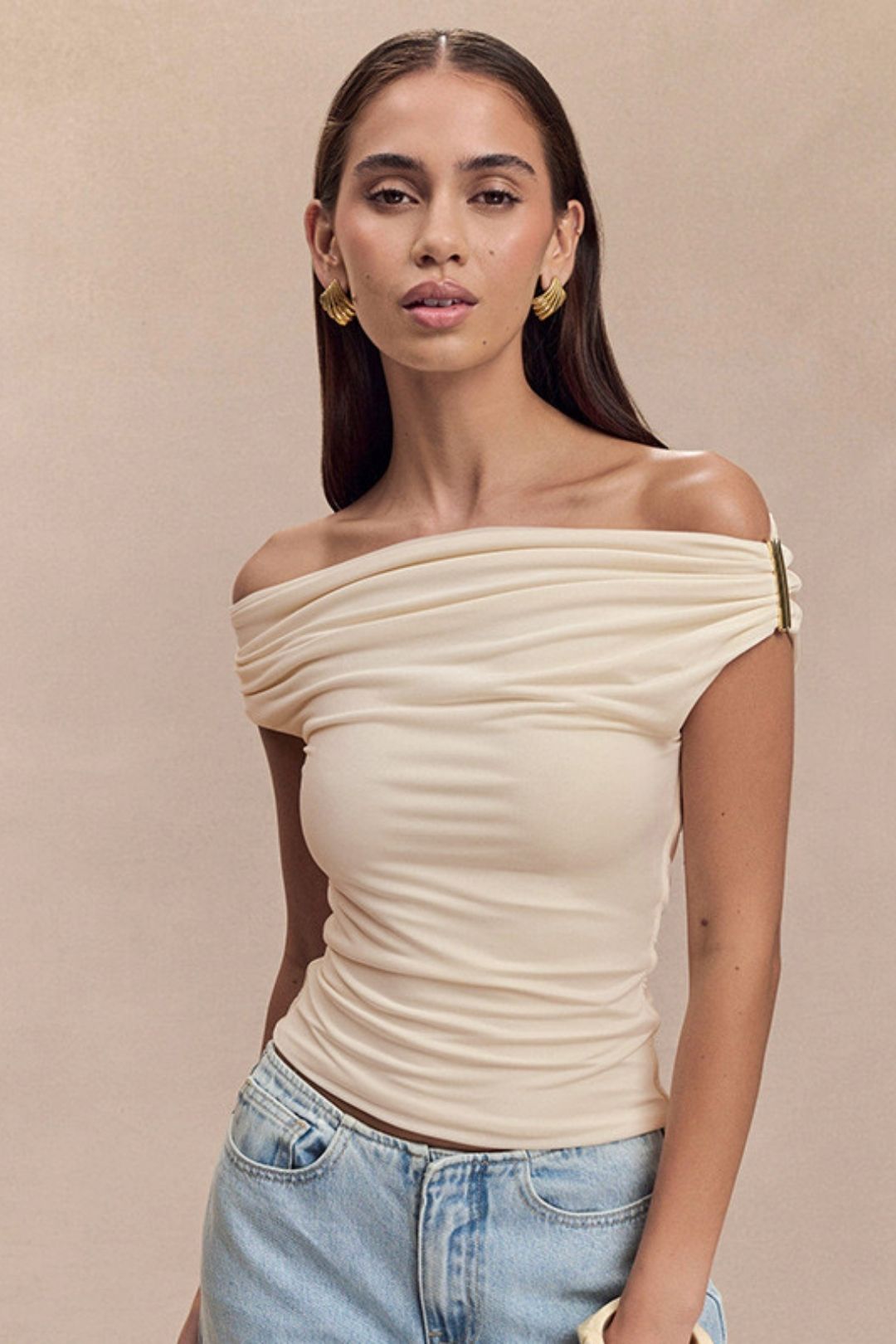 Solid Color Pleated Shoulder Slim-fit Shoulder Top