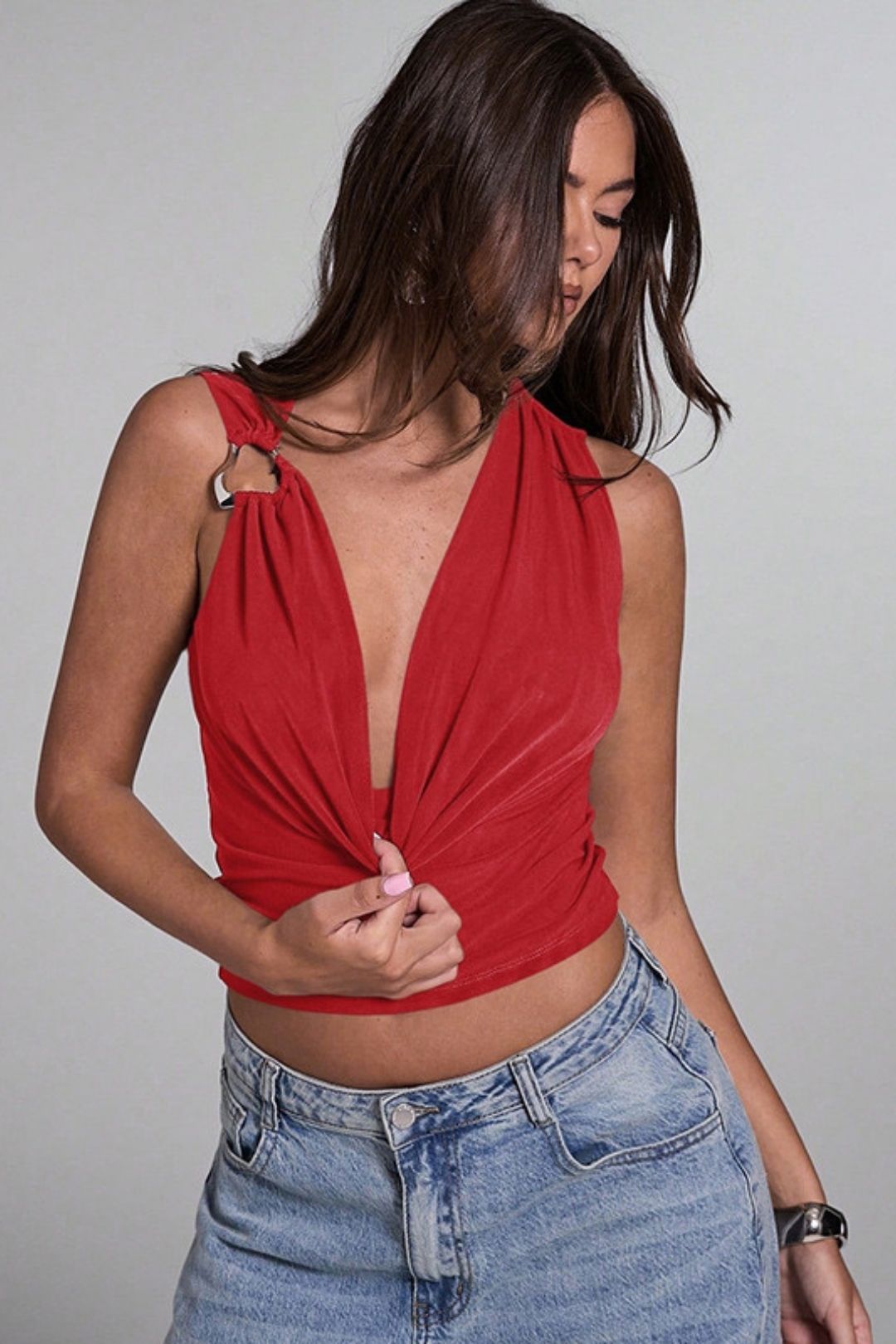 New Pure Color Swing Collar Silver Buckle Short-sleevedt-shirt Tops