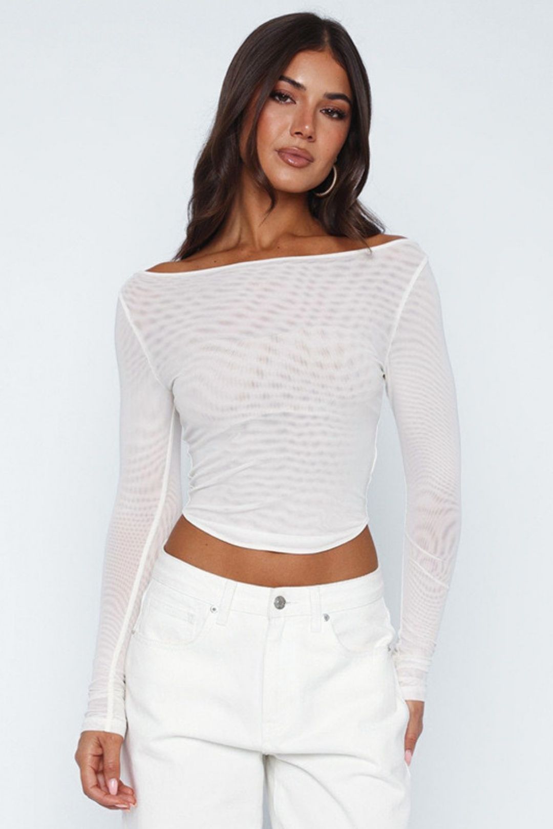 New See-Through Mesh Pullover One-Shoulder Curved Hem Top