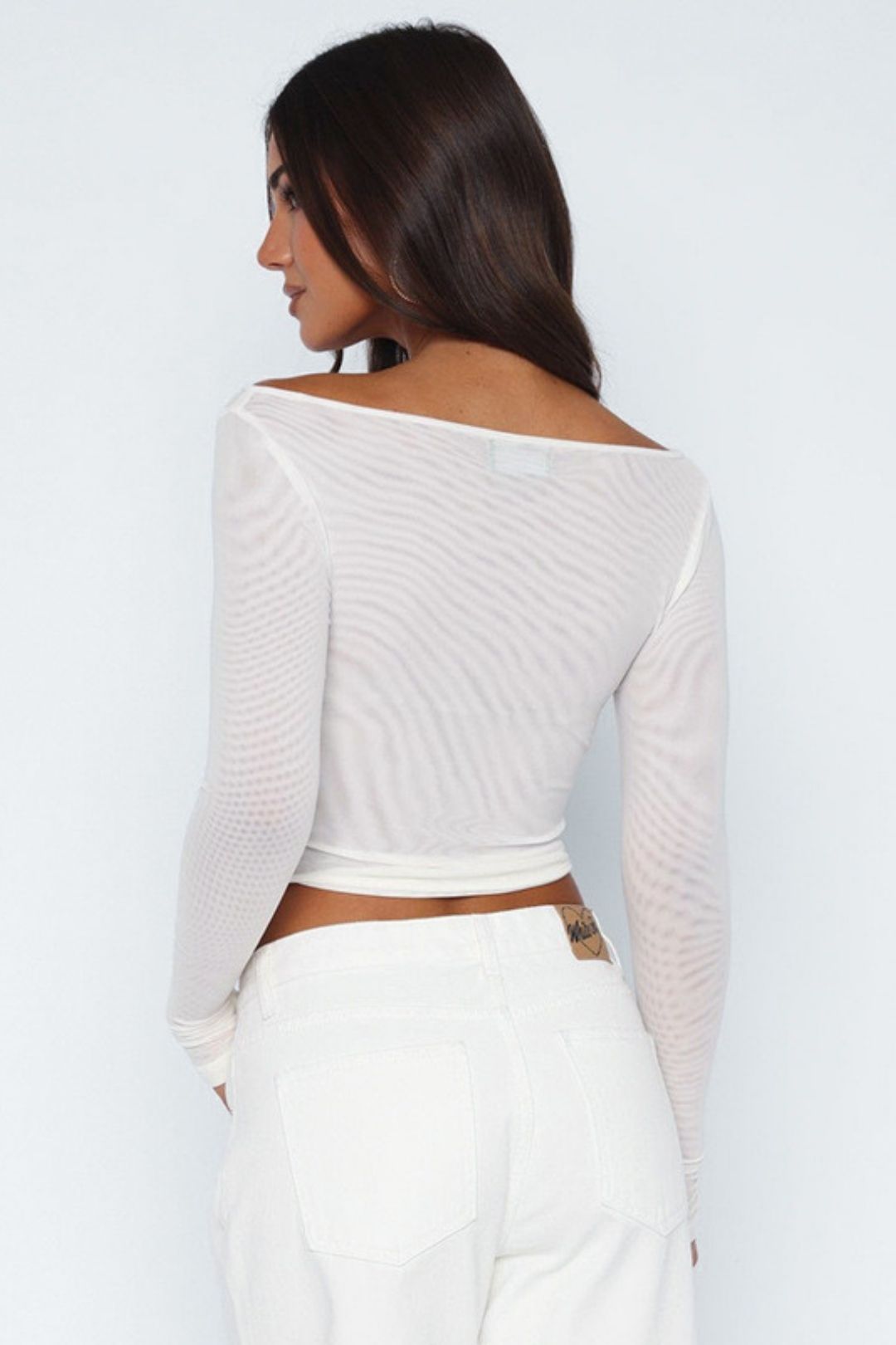 New See-Through Mesh Pullover One-Shoulder Curved Hem Top