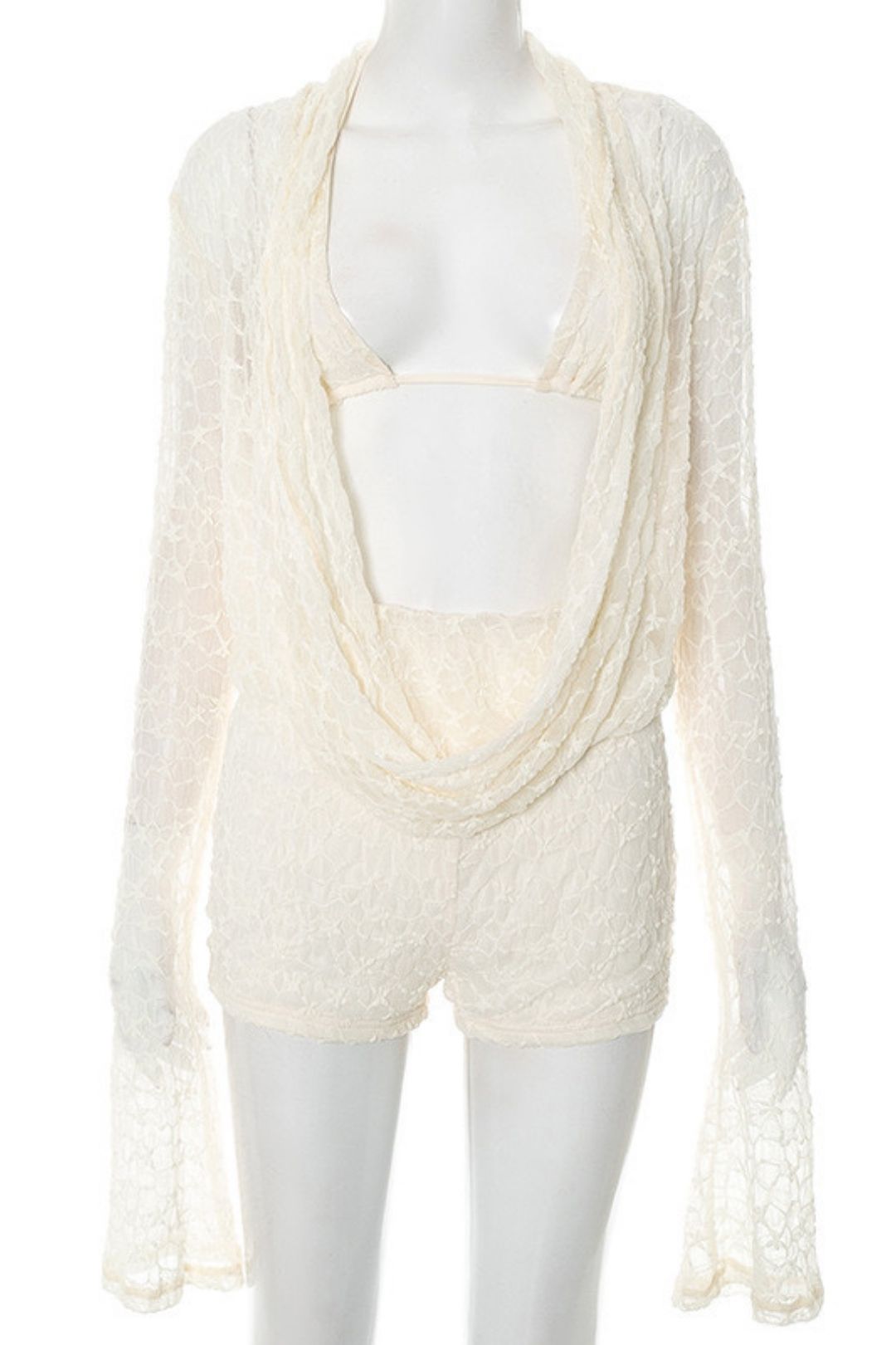 New Pure Color Lace Suspender Intimates Swing Collar Long-Sleeved Top Shorts Suit