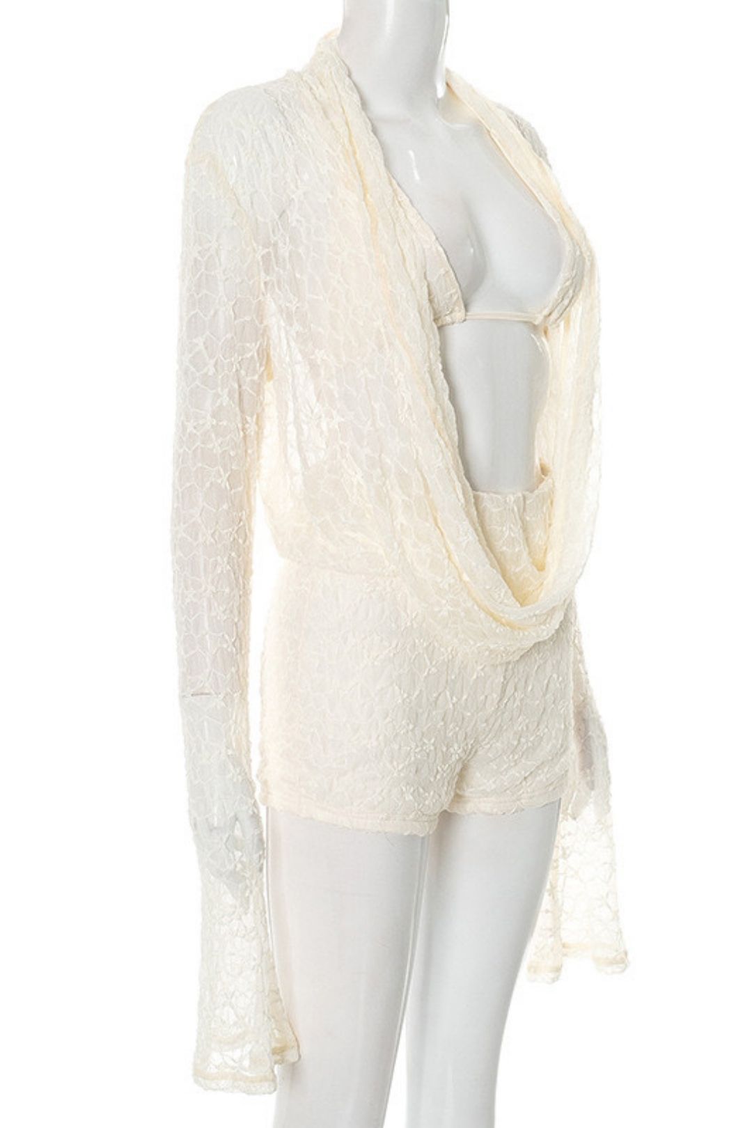 New Pure Color Lace Suspender Intimates Swing Collar Long-Sleeved Top Shorts Suit