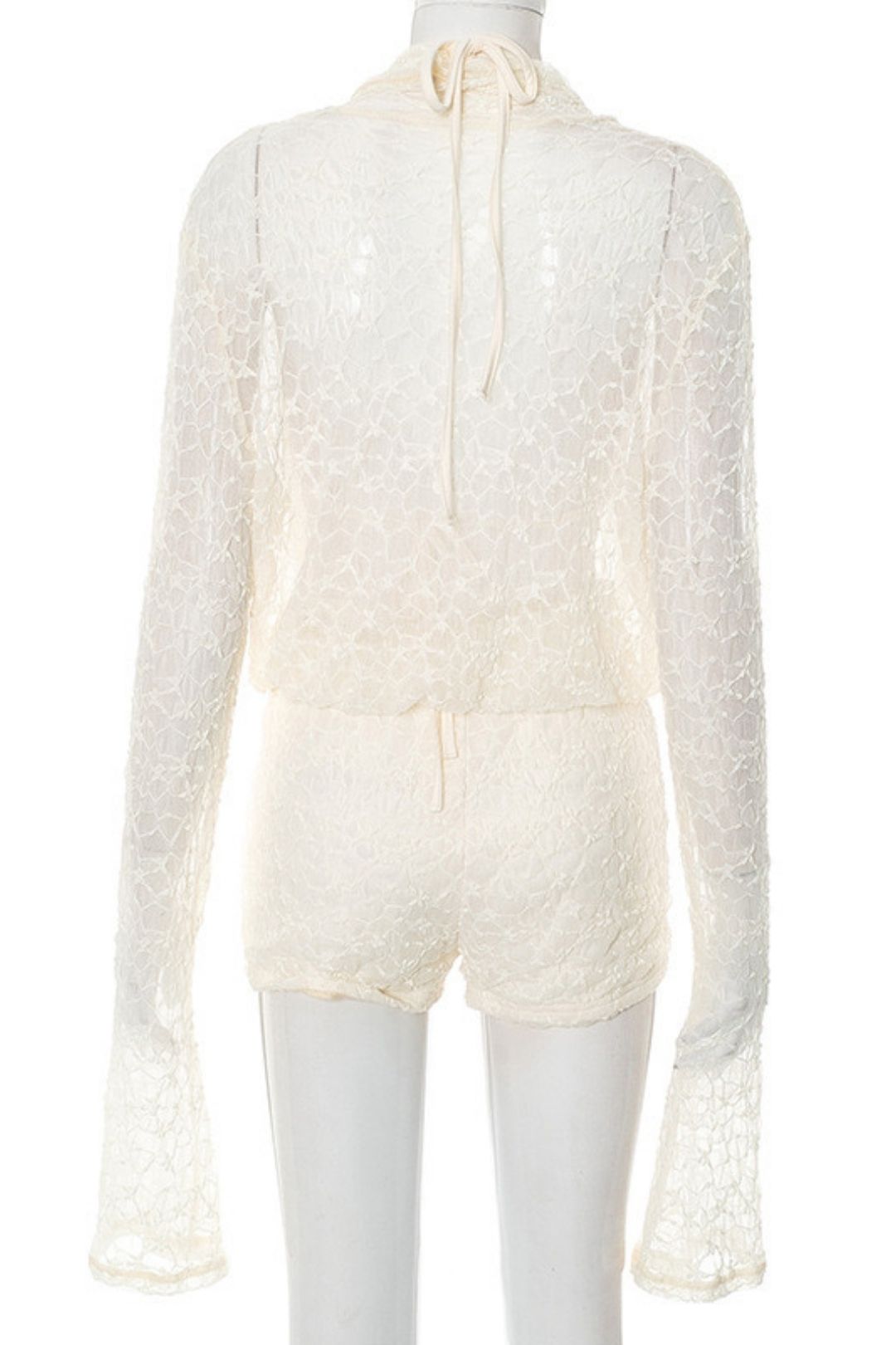 New Pure Color Lace Suspender Intimates Swing Collar Long-Sleeved Top Shorts Suit