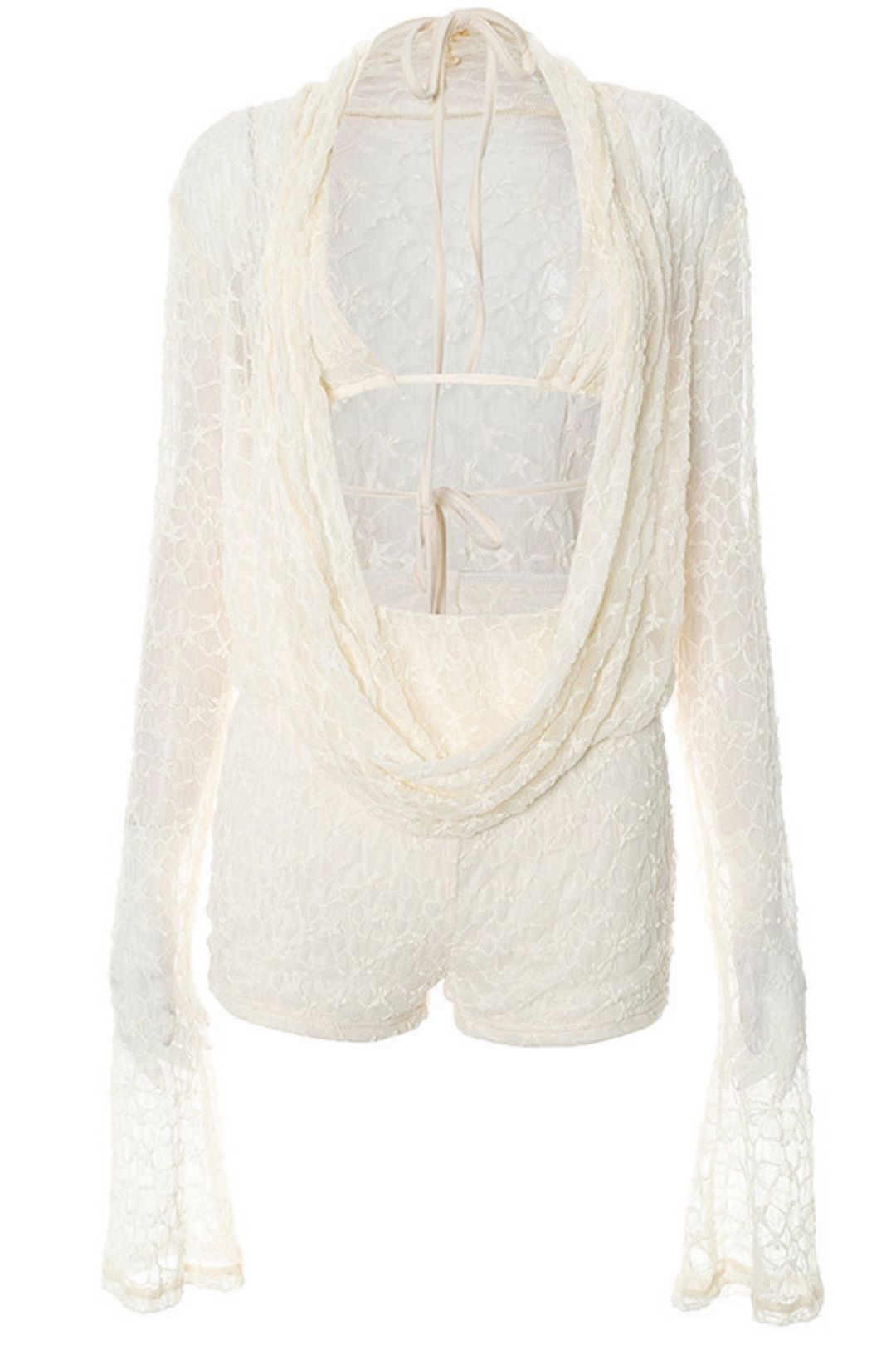 New Pure Color Lace Suspender Intimates Swing Collar Long-Sleeved Top Shorts Suit