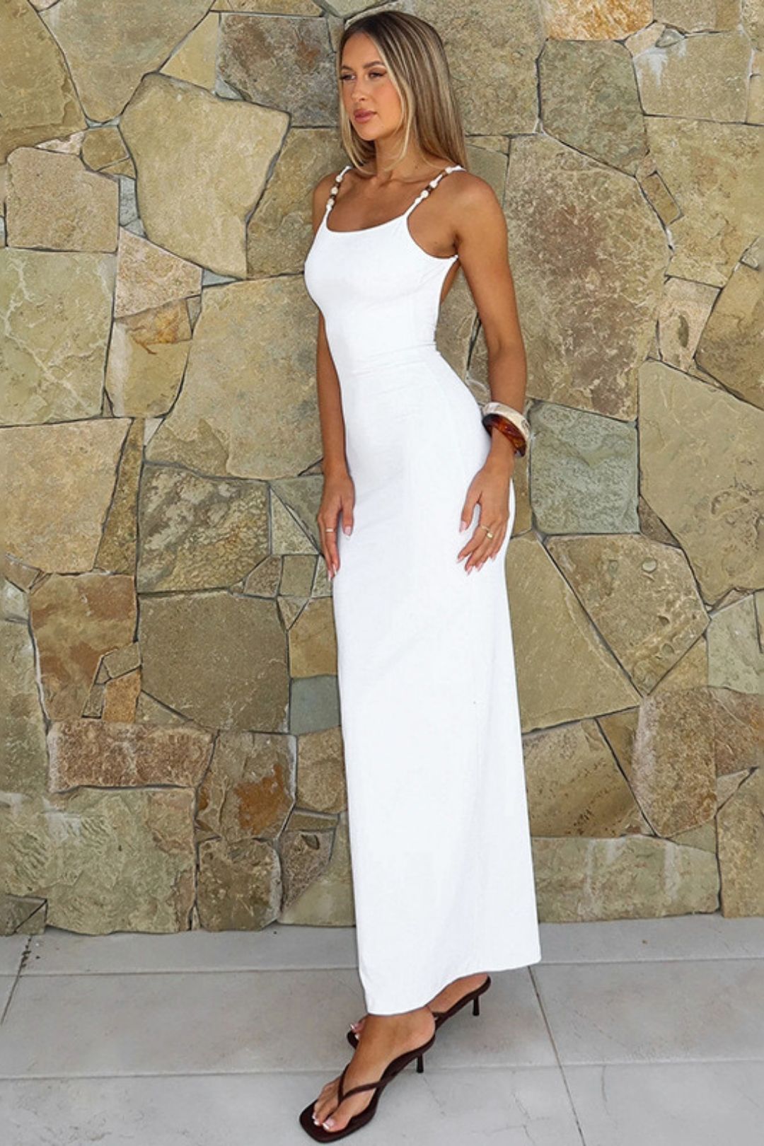 New Pure Color Suspender Beaded Exposed Backpack Sexy Dress