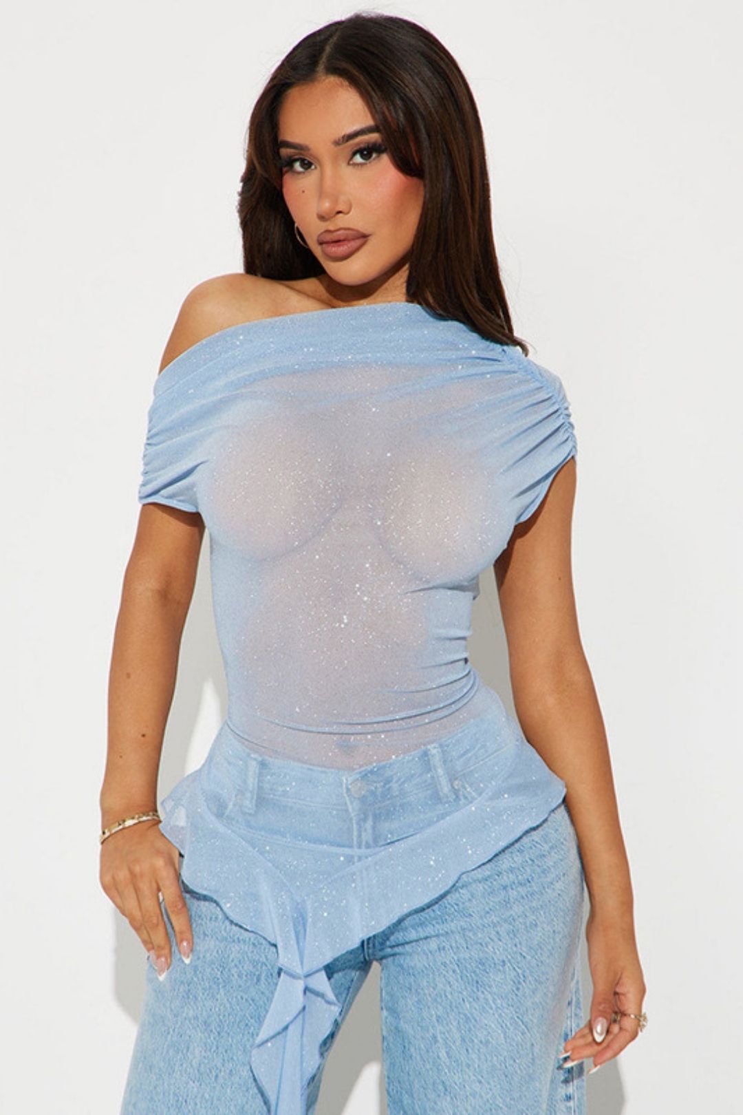 Solid Color Sense See-Through Mesh Oblique Shoulder Short-Sleeved Ruffled Ribbon Top