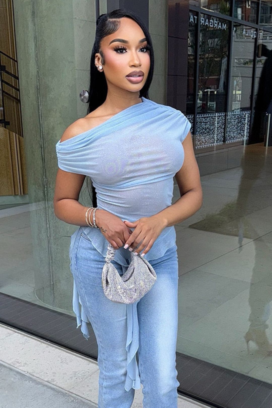 Solid Color Sense See-Through Mesh Oblique Shoulder Short-Sleeved Ruffled Ribbon Top