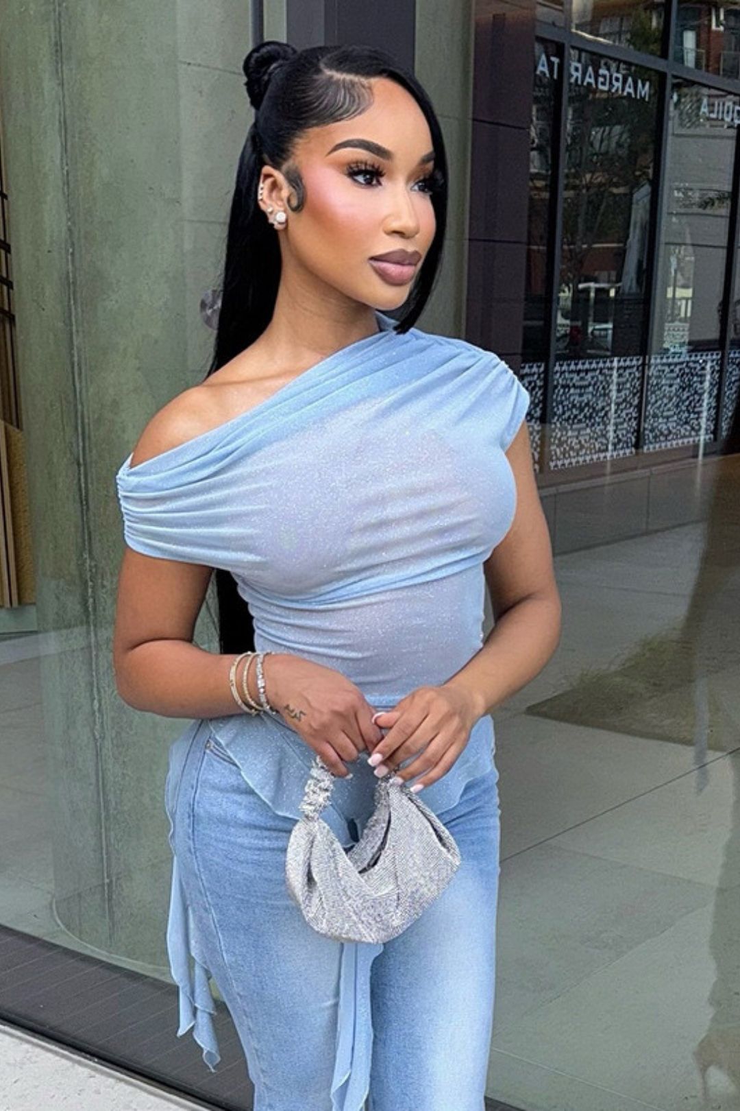 Solid Color Sense See-Through Mesh Oblique Shoulder Short-Sleeved Ruffled Ribbon Top